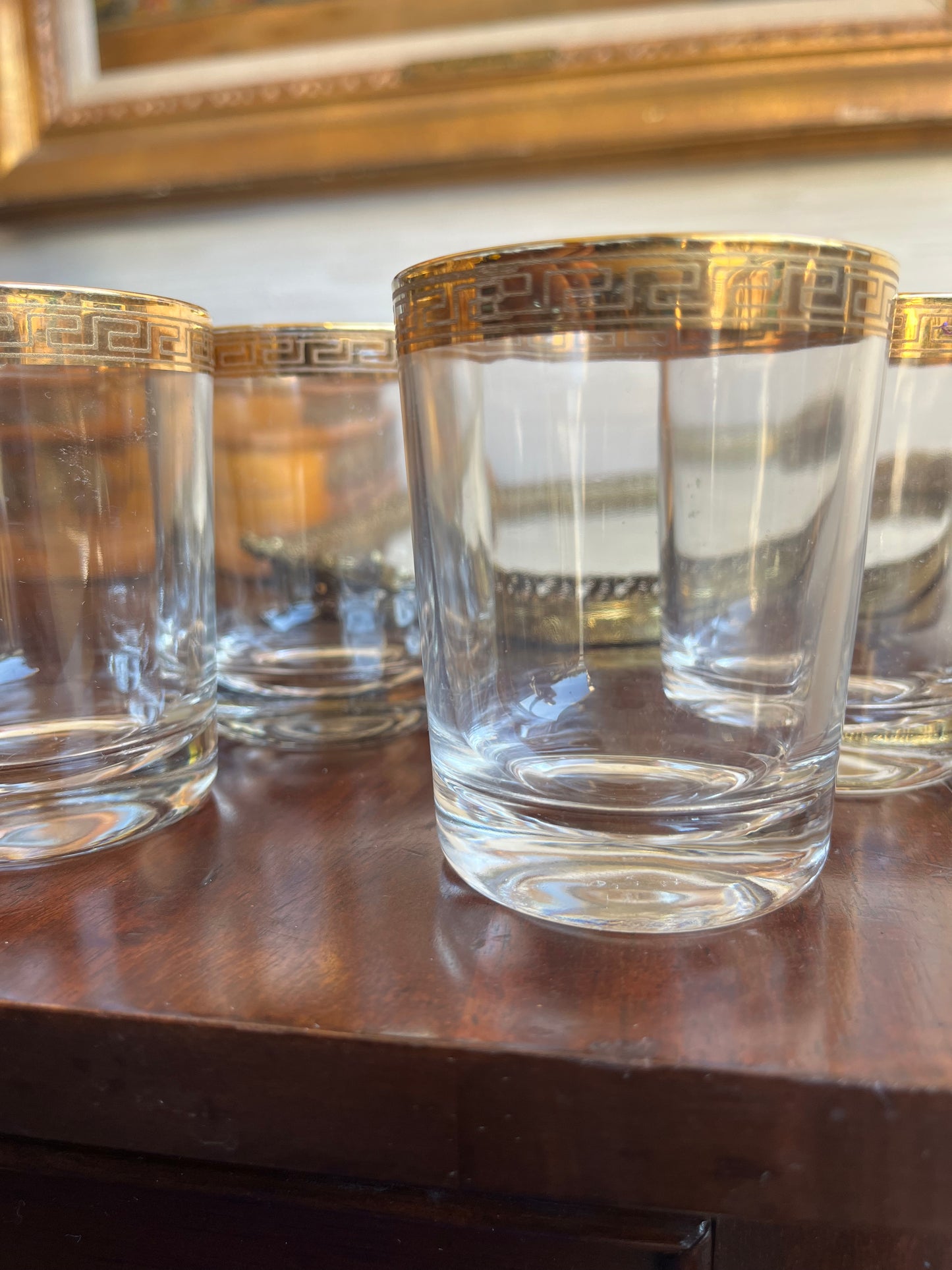 1960s Vintage Cristalleria Fratelli Fumo Greek Key Gold Rim Set of 4  Glasses