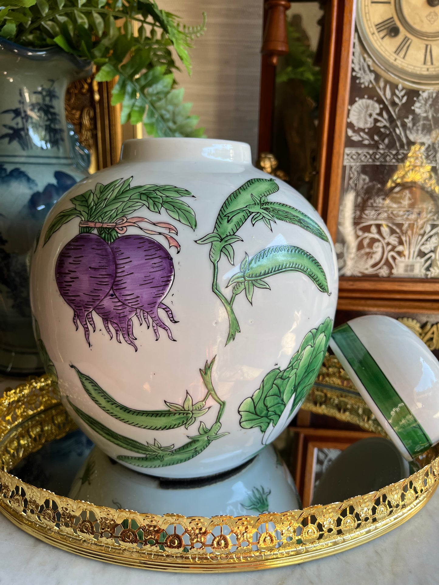 Vintage Chinese Export Porcelain Lidded Ginger Jar with Hand-Painted Bok Choy, Carrots, Beets, and Snow Peas