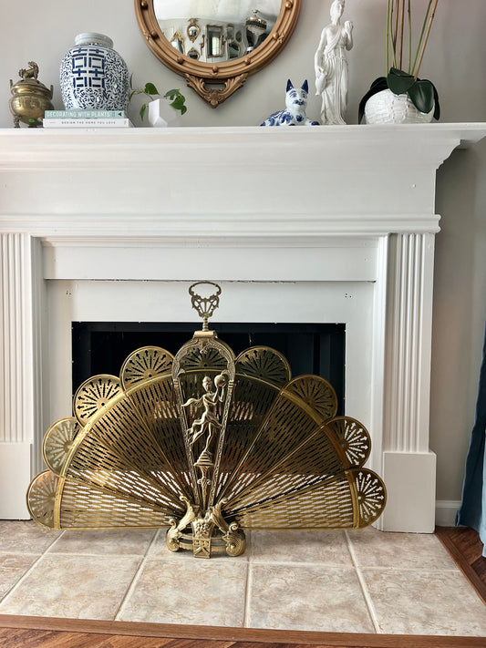 Vintage Brass Peacock Folding Fireplace Screen