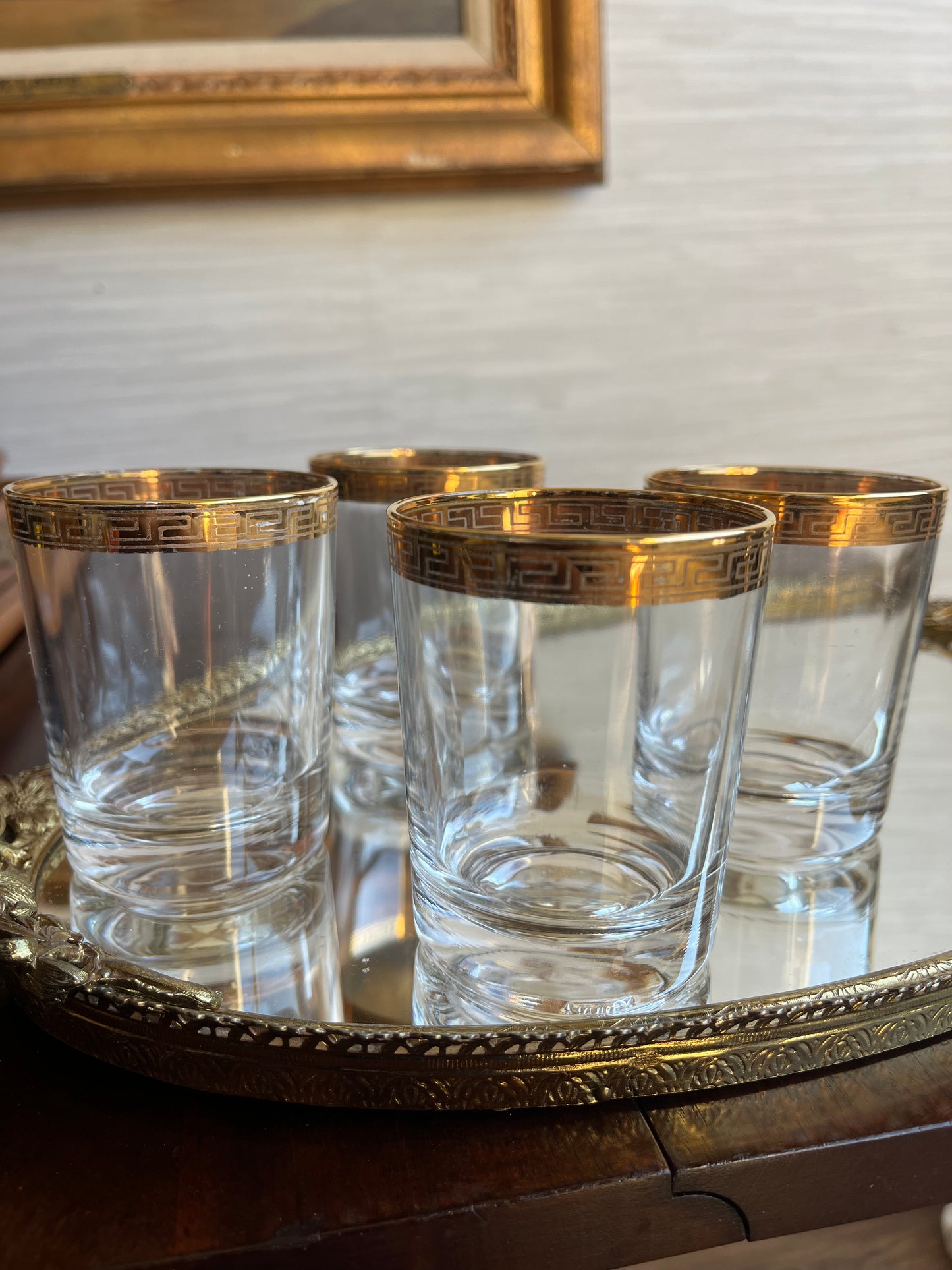 1960s Vintage Cristalleria Fratelli Fumo Greek Key Gold Rim Set of 4  Glasses