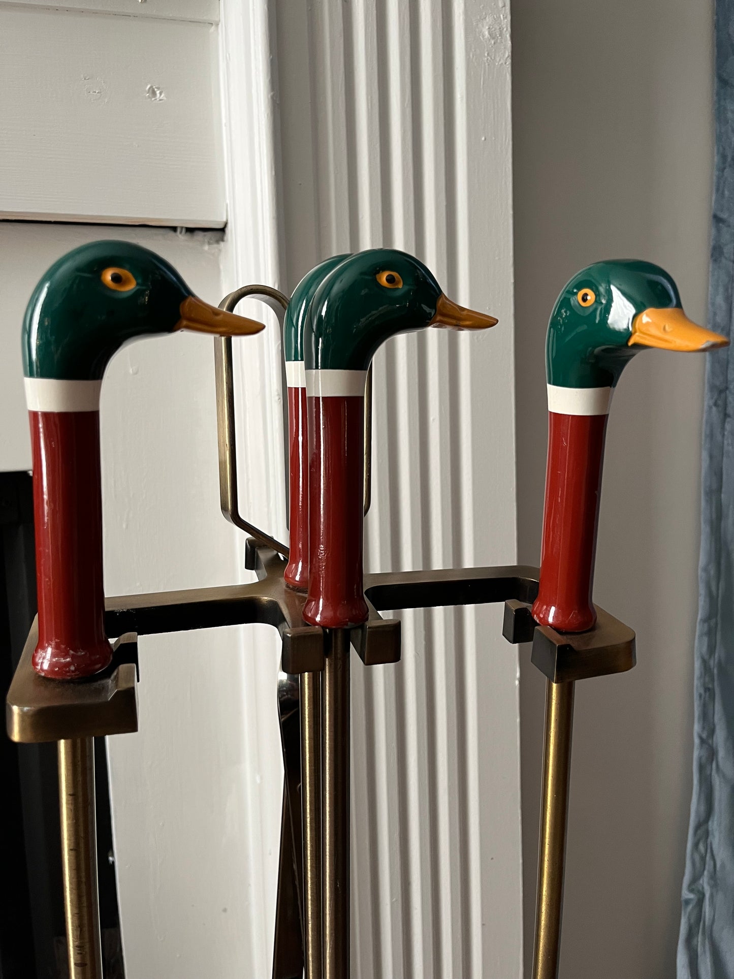 MCM Vintage Brass Mallard Duck Head Fireplace Tool Set - 4pc & Stand