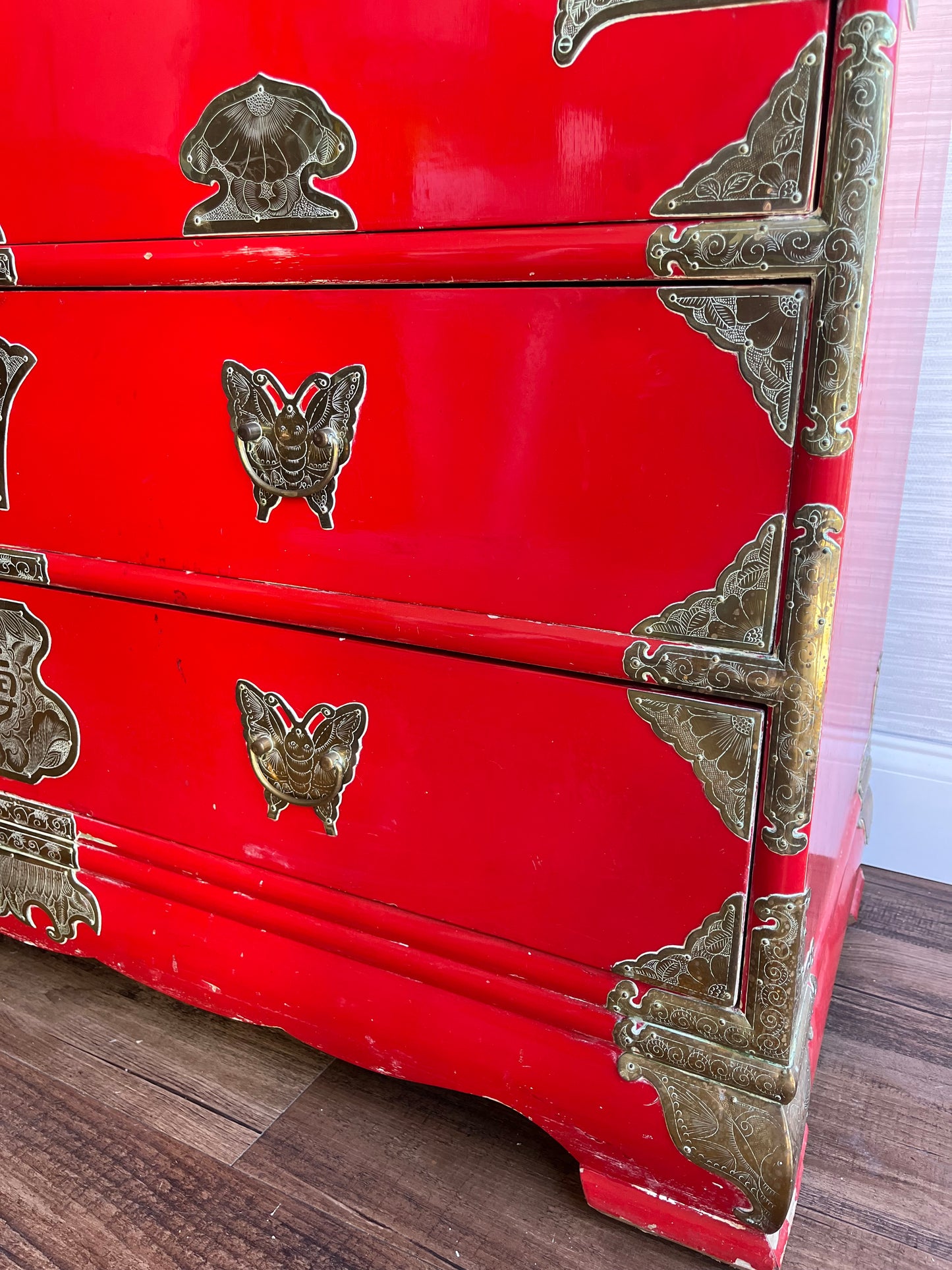 Mid 20th Century Red Lacquer Tansu Chest with Brass Butterfly Pulls