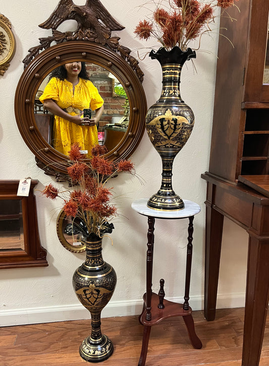 Pair of Vintage Black and Gold Brass Etched Enamel Vases Made In India | 2ft Tall