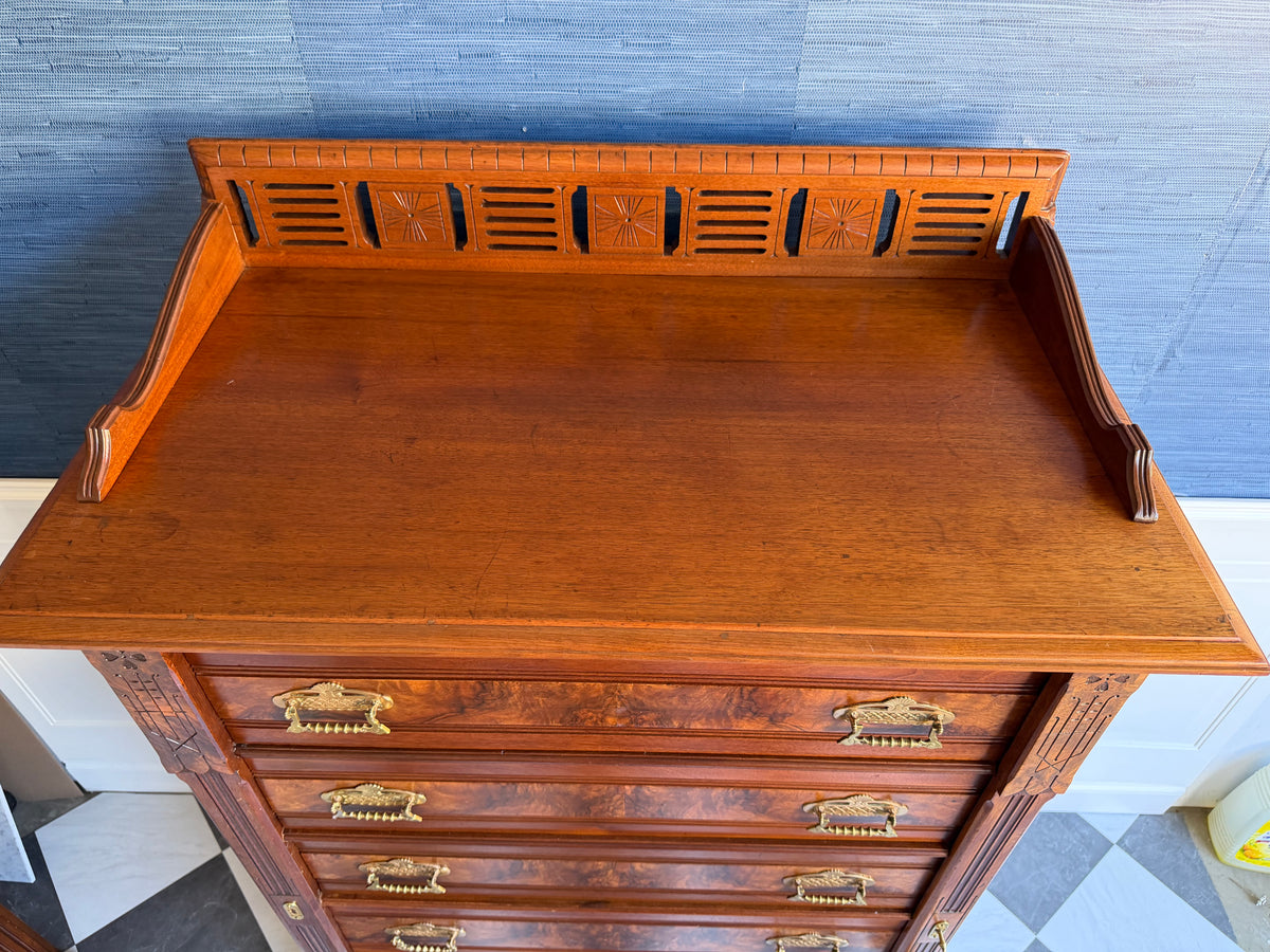 Antique 19th Century Eastlake Secretaire Chest | Side-Locking Burl Walnut Chest with Hidden Writing Desk