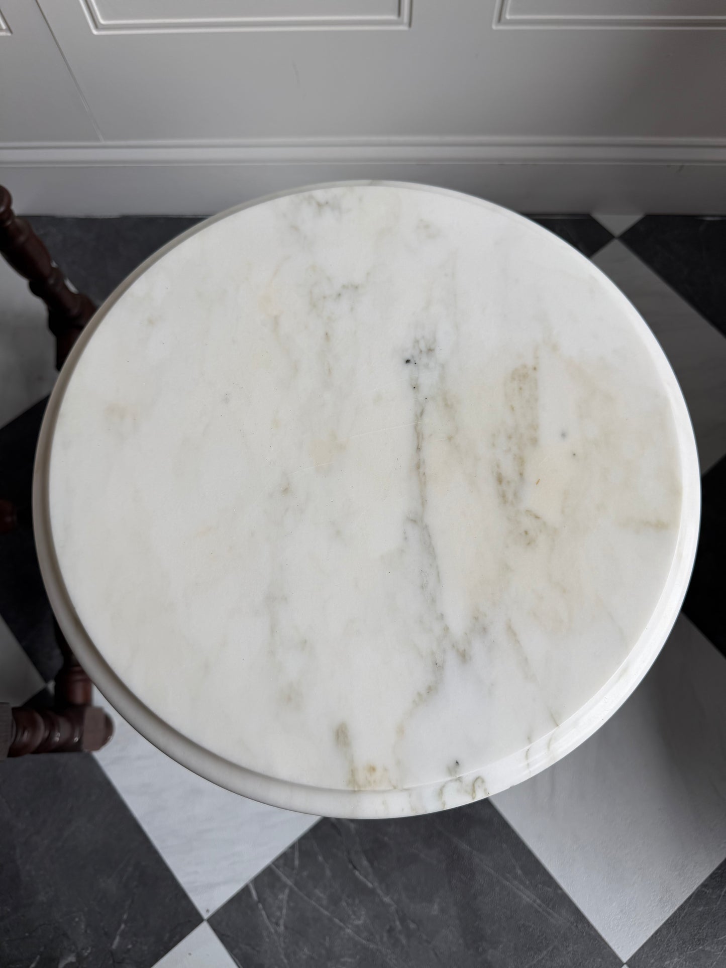 Vintage Italian Marble Top Round Mahogany Pedestal Accent Table