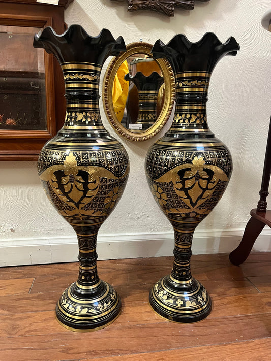 Pair of Vintage Black and Gold Brass Etched Enamel Vases Made In India | 2ft Tall