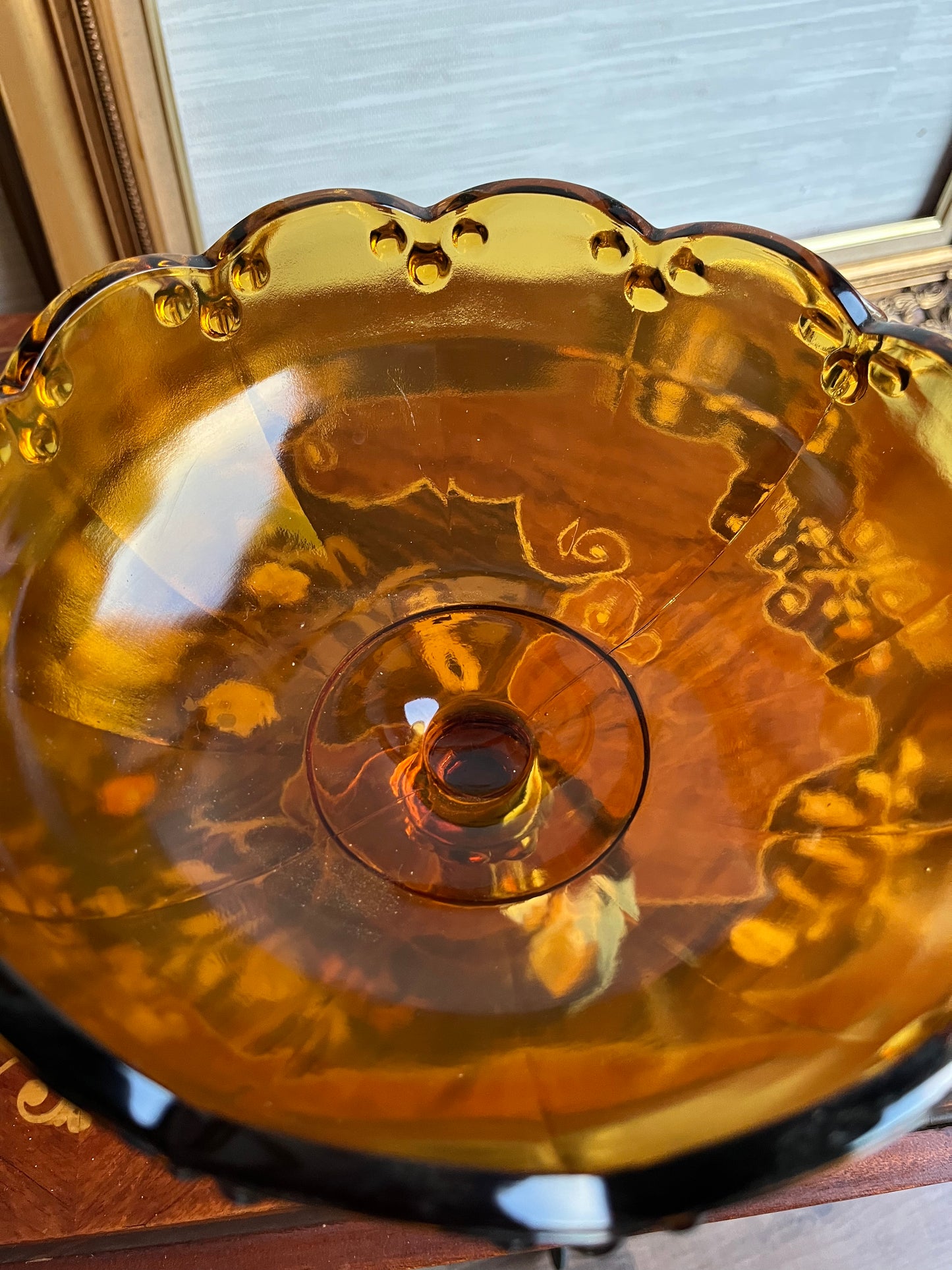 Vintage Amber Glass Teardrop Bowl Raised Pedestal Bowl