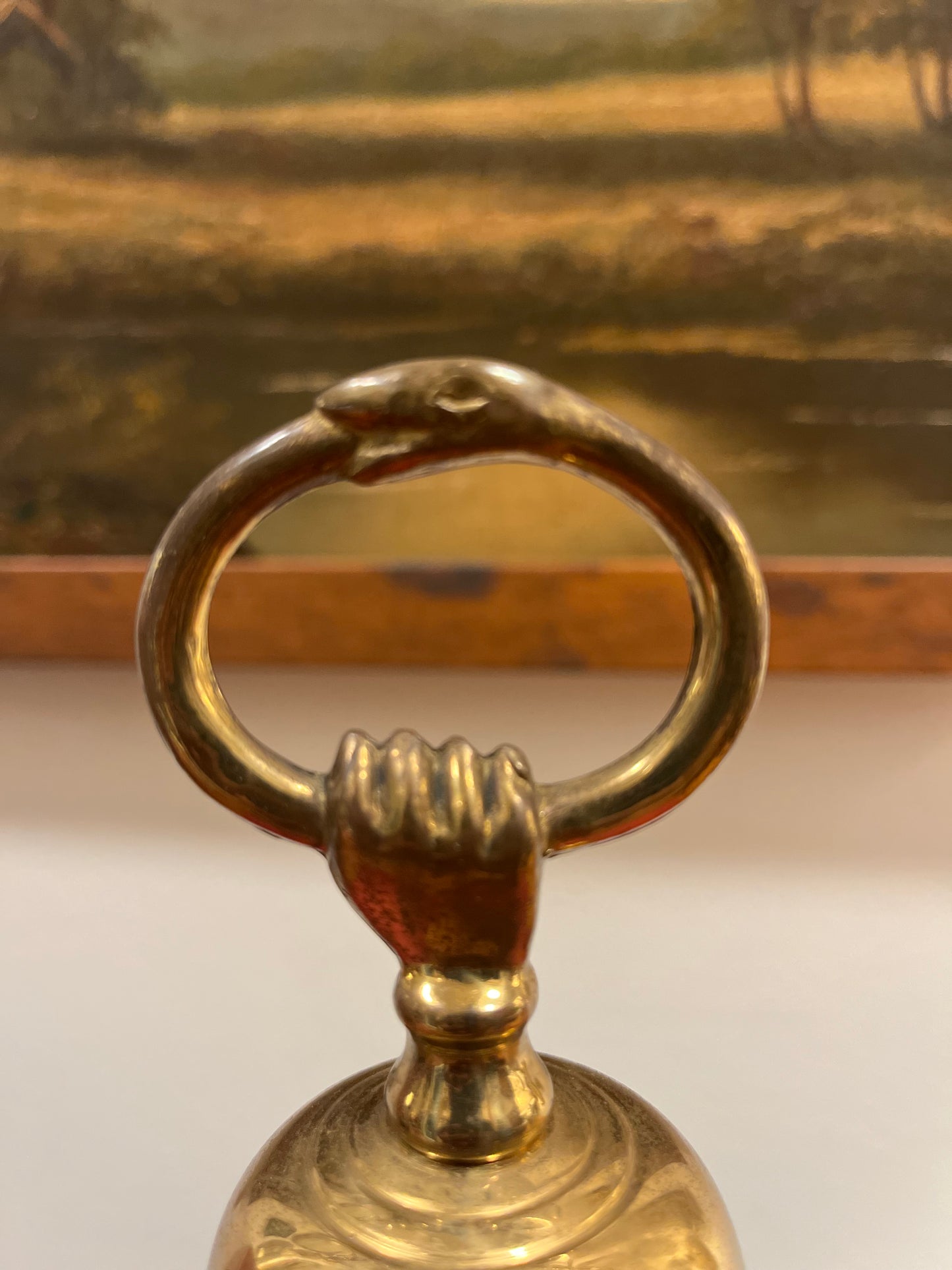 Vintage Brass Hand Bell with Ouroboros Snake and Hand Motif