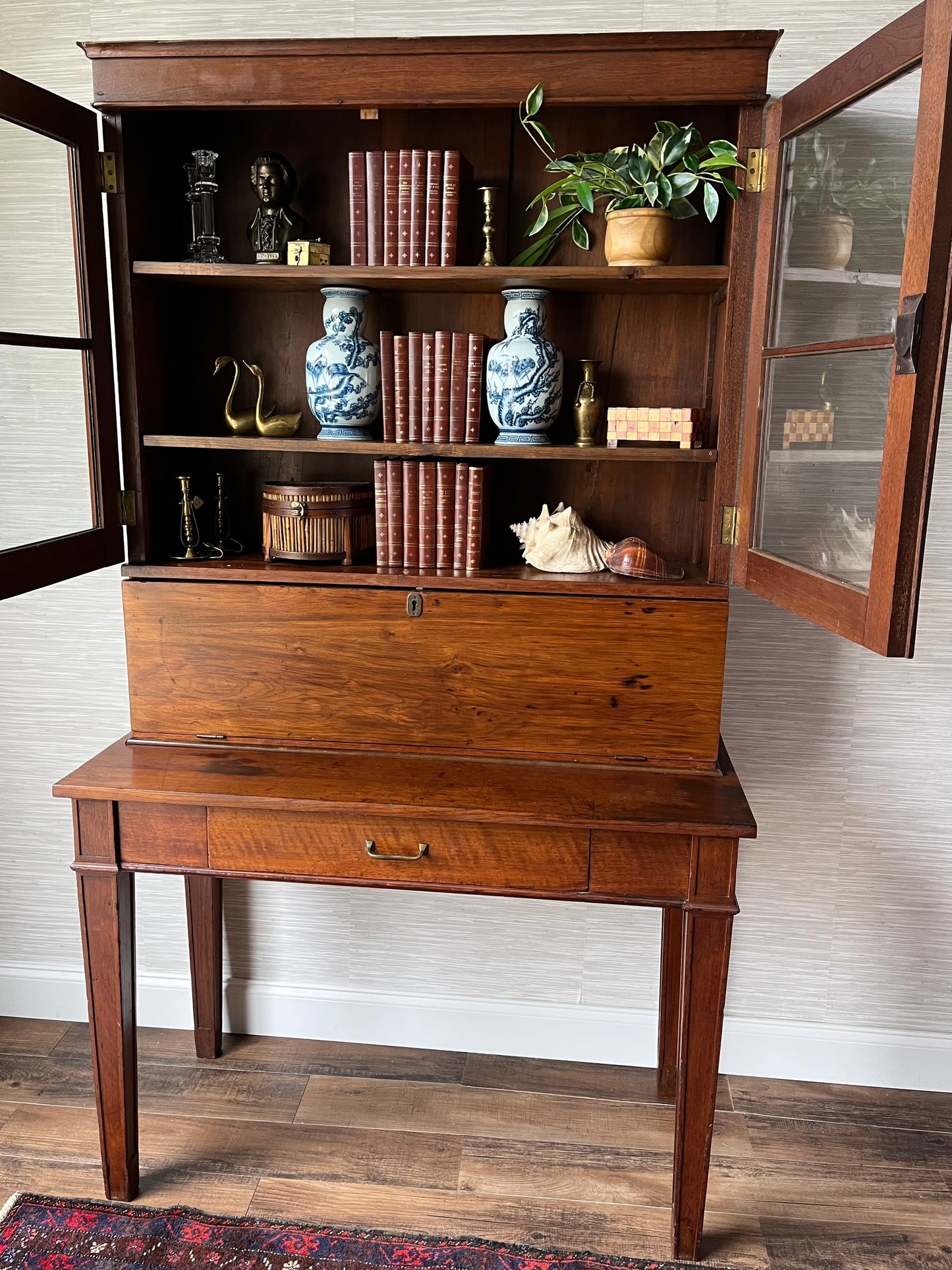 Exquisite Bench-Made Antique Drop Front Plantation Desk with Original Handblown Glass