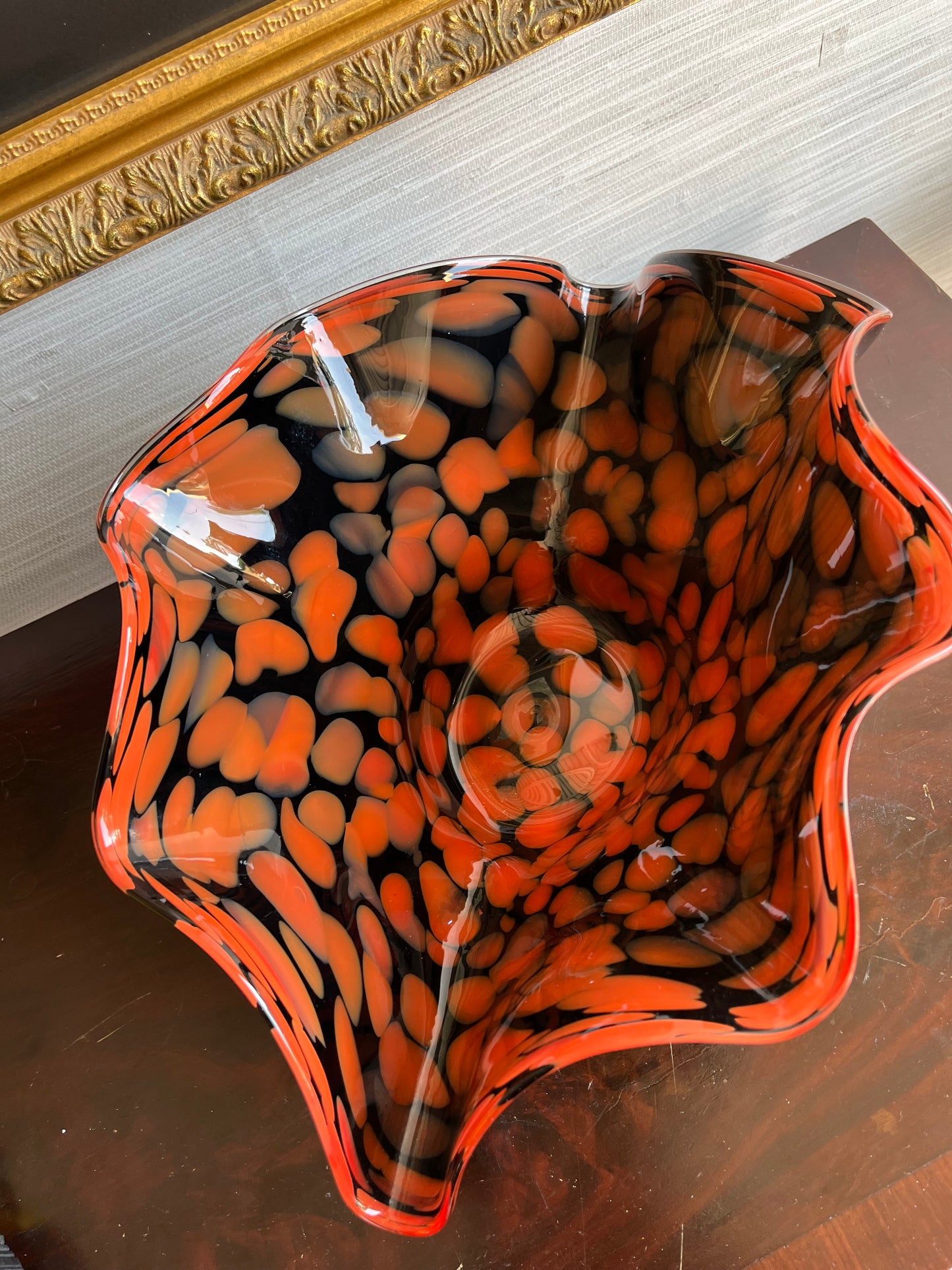 Murano Art Glass Clam Shaped Black Orange Bowl