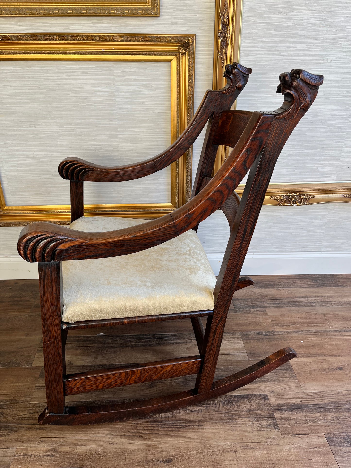 Antique Victorian Era Grotesque Hand Carved Oak Rocking Chair