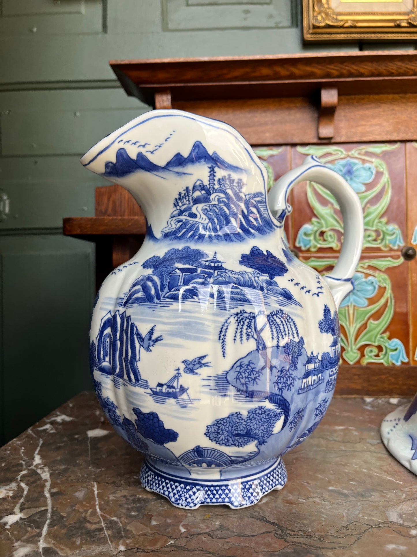 Vintage Blue & White Pitcher Basin Washstand Set