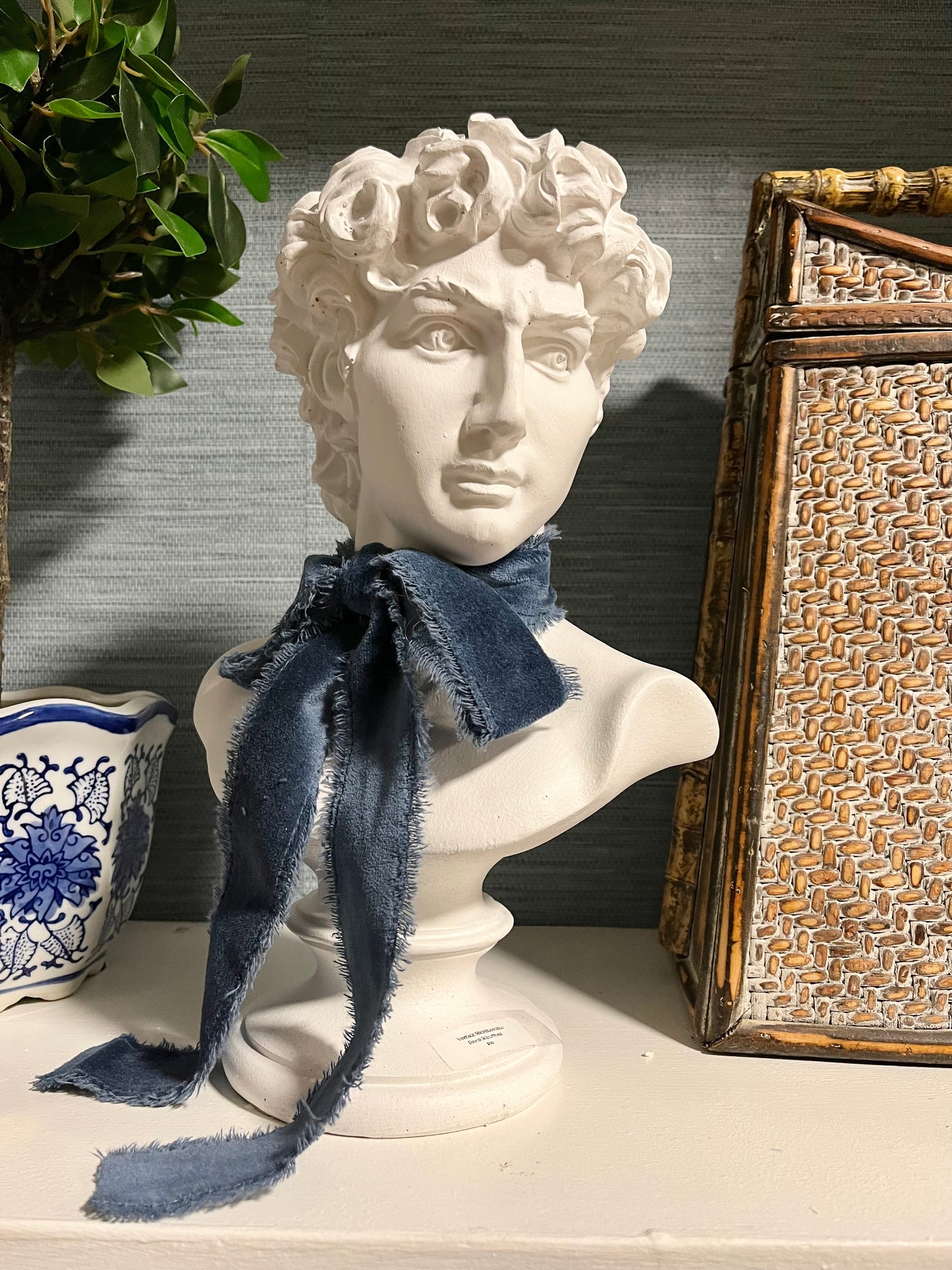 Michelangelo’s David Bust Sculpture with Blue Ribbon Accent