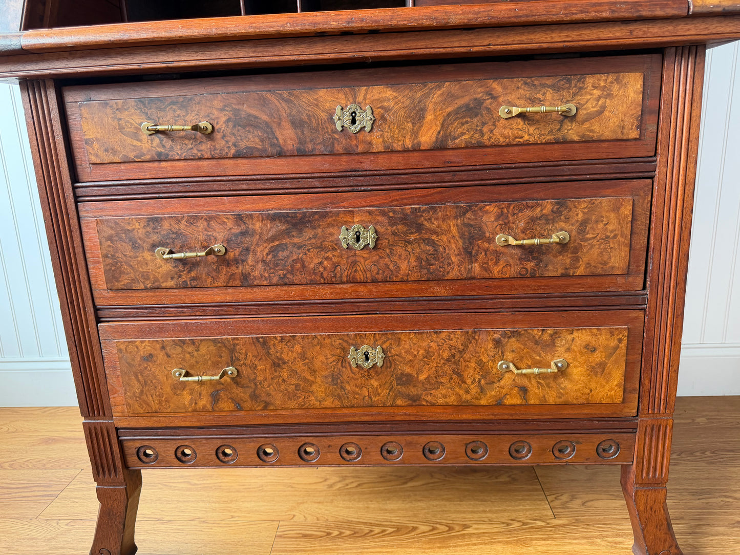 Antique Victorian Burl Walnut Secretary Bookcase, c. 1880s, Drop Front Writing Desk Display Cabinet