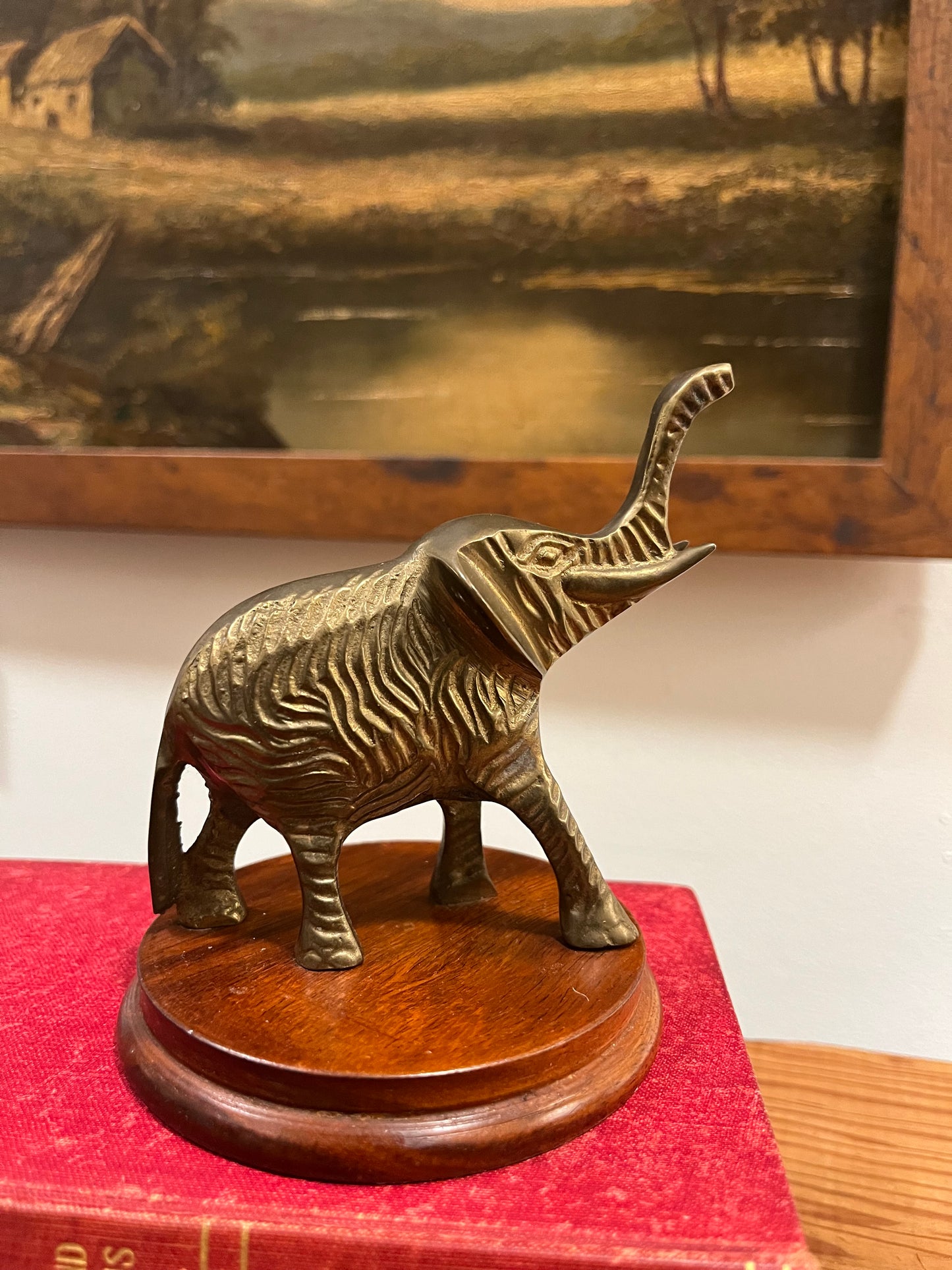 Vintage Brass Lucky Elephant Figurine on Wood Base