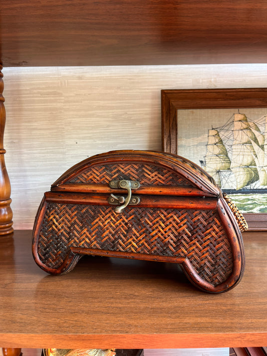 Vintage Hand Woven Rattan Over Wooden Trinket Storage Box