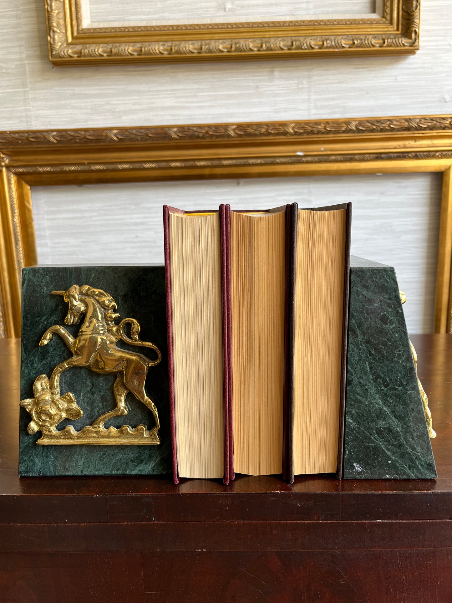 Vintage Trapezoidal Green Marble Book Ends With Brass Unicorn + Lion