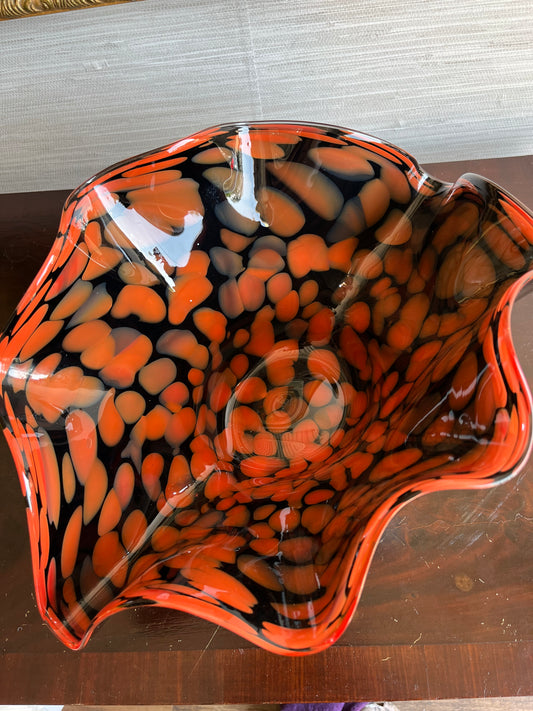 Murano Art Glass Clam Shaped Black Orange Bowl