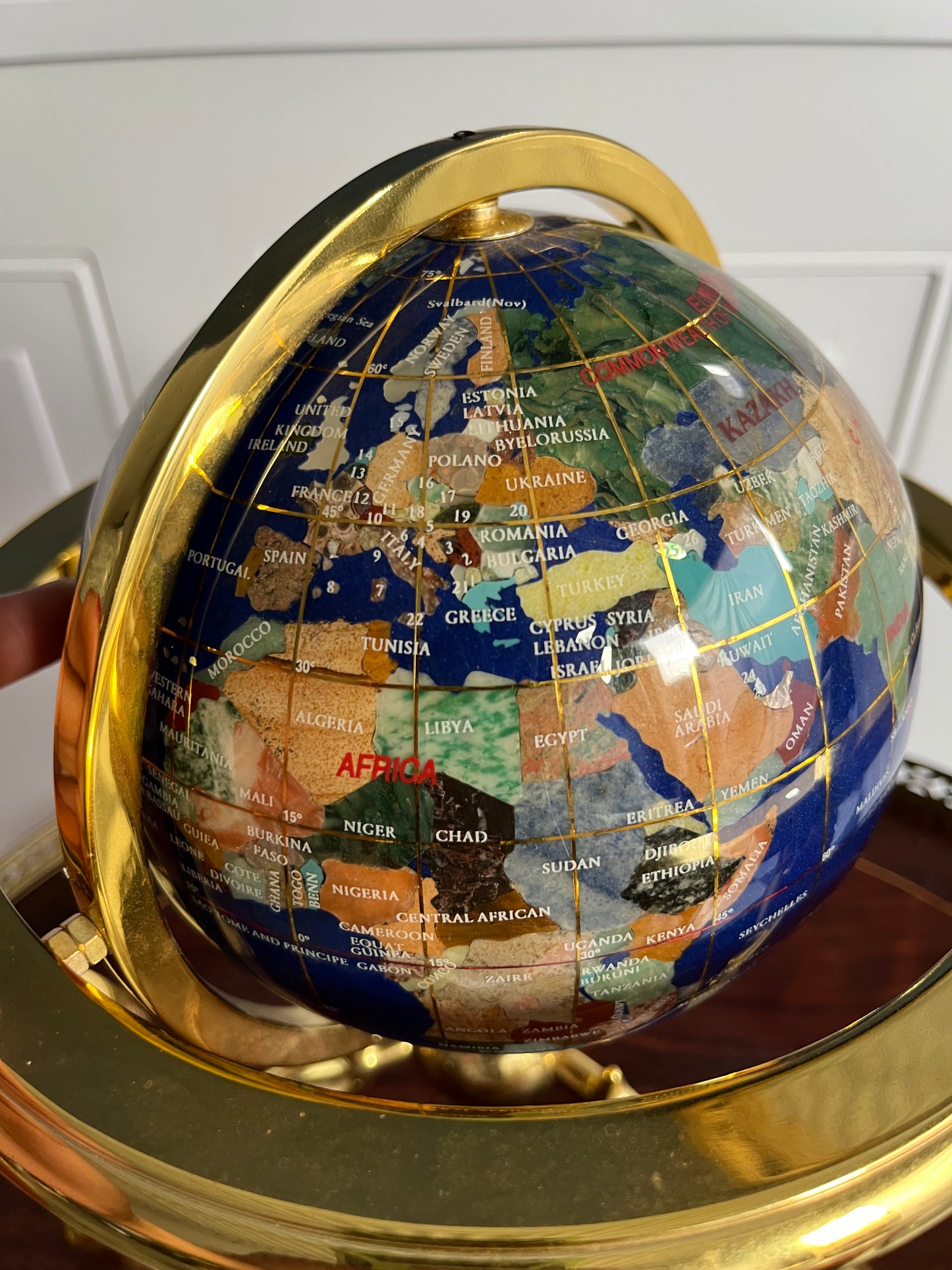 Vintage Blue Lapis Gemstone Desktop  Globe with Brass Stand – Semi-Precious Stone Inlay