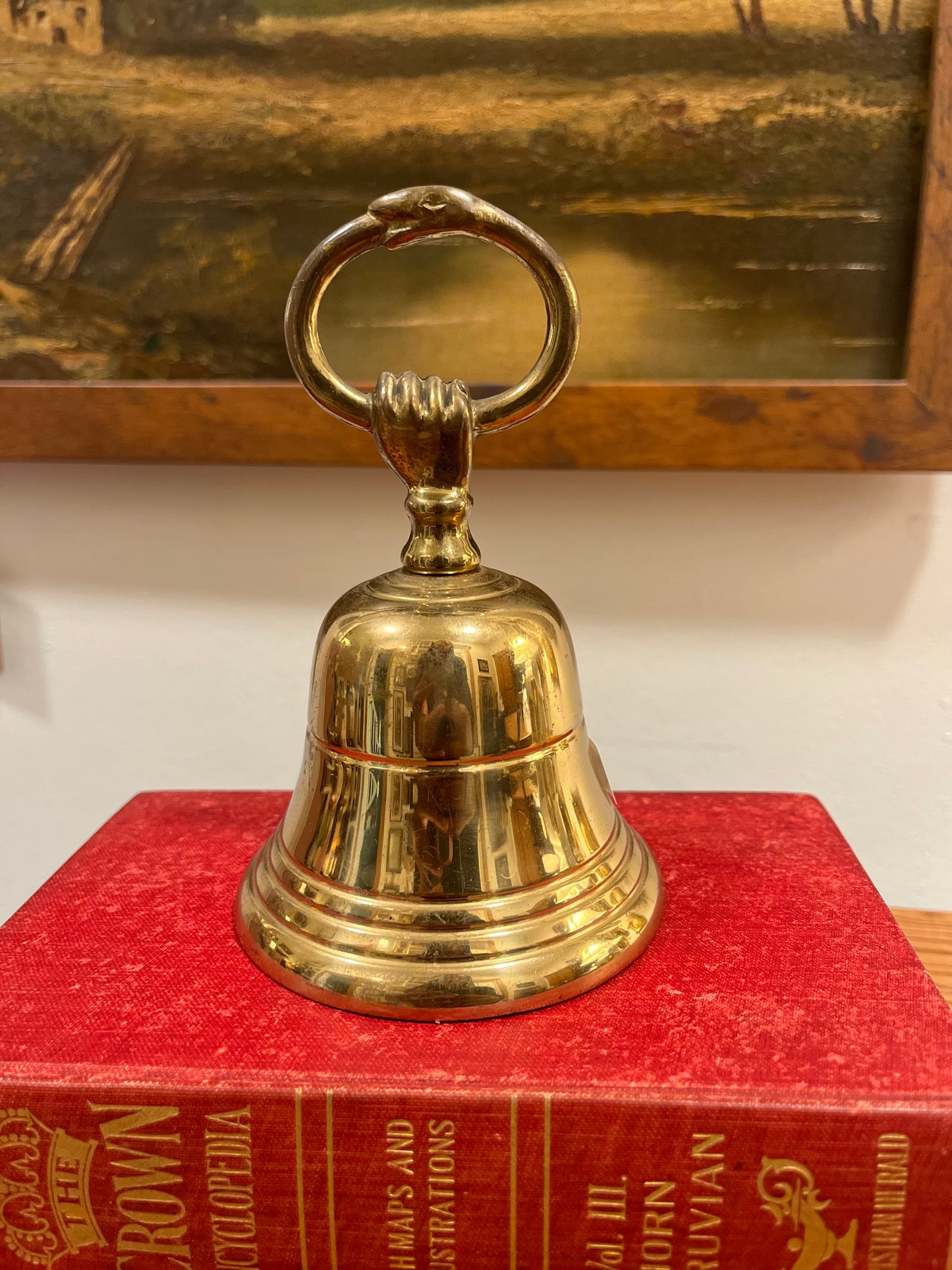 Vintage Brass Hand Bell with Ouroboros Snake and Hand Motif