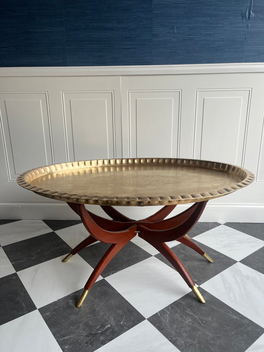 Lovely Vintage Hand Etched Brass & Mahogany Tray Coffee Table  With Folding Spider Legs |  Made In Hong Kong Circa 1960s