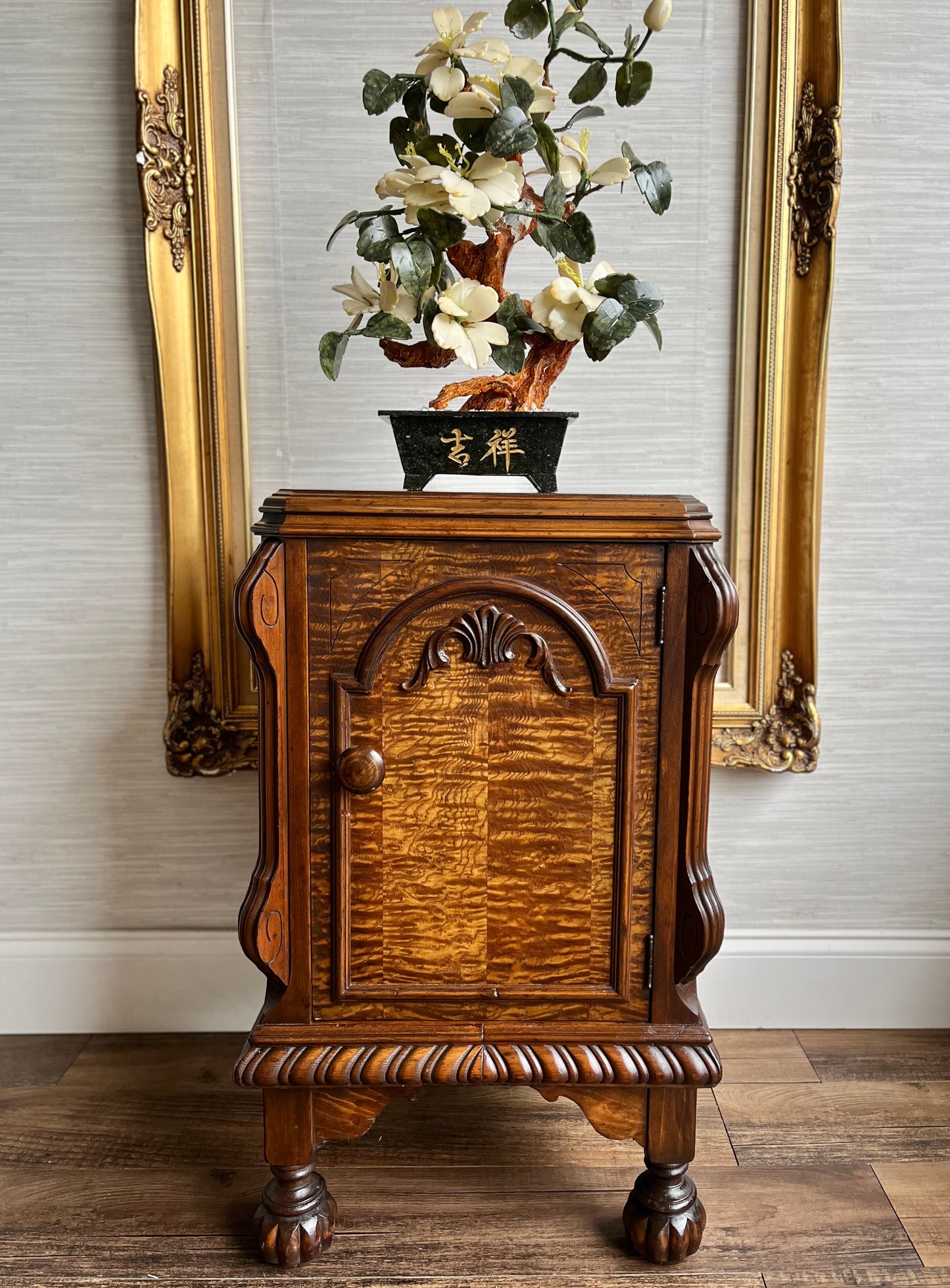 Vintage Tiger Oak Nightstand Cabinet Side Table W/ Ornate Carvings & Bun Feet – 1940s-1950s Solid Wood