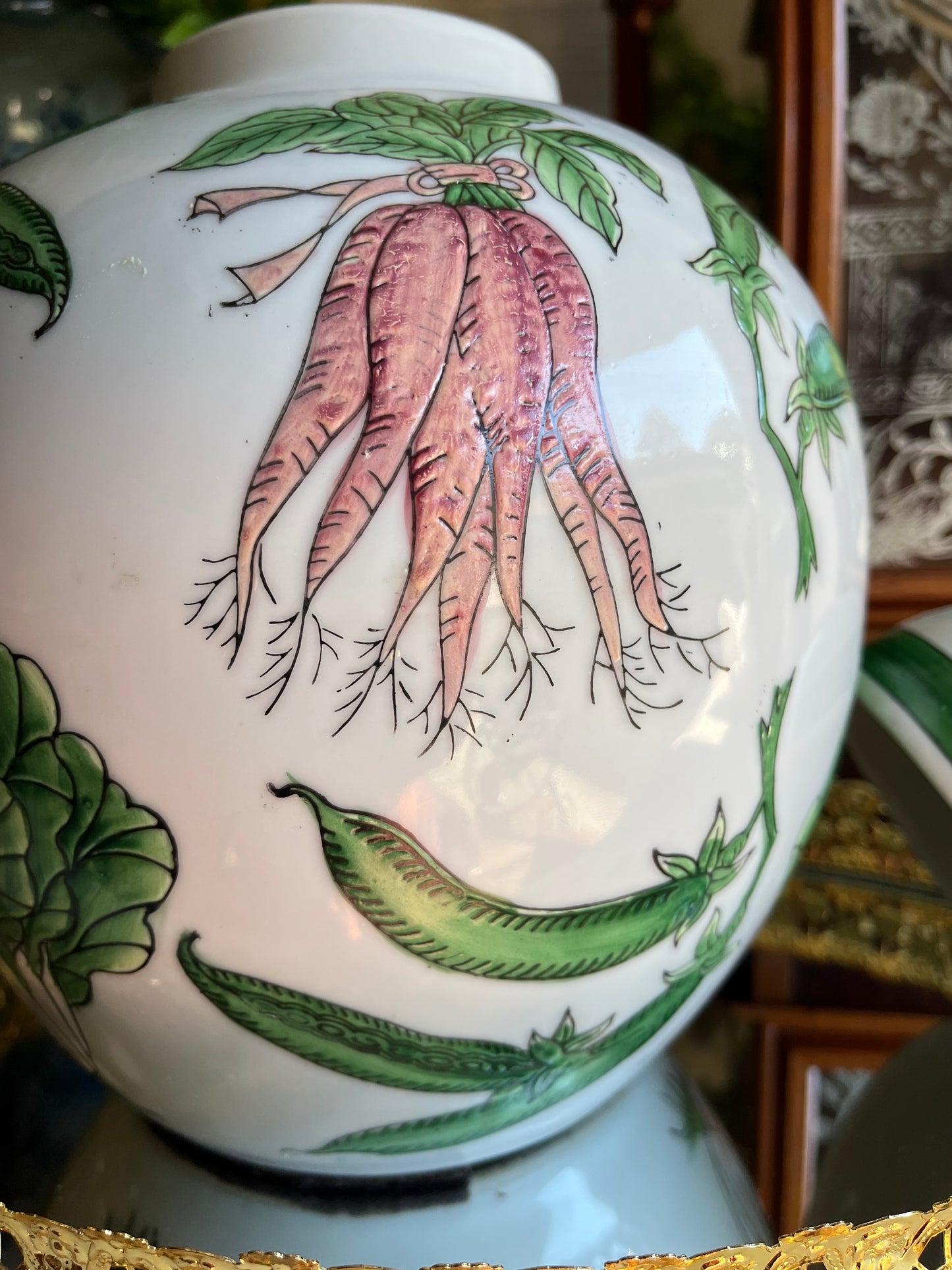 Vintage Chinese Export Porcelain Lidded Ginger Jar with Hand-Painted Bok Choy, Carrots, Beets, and Snow Peas