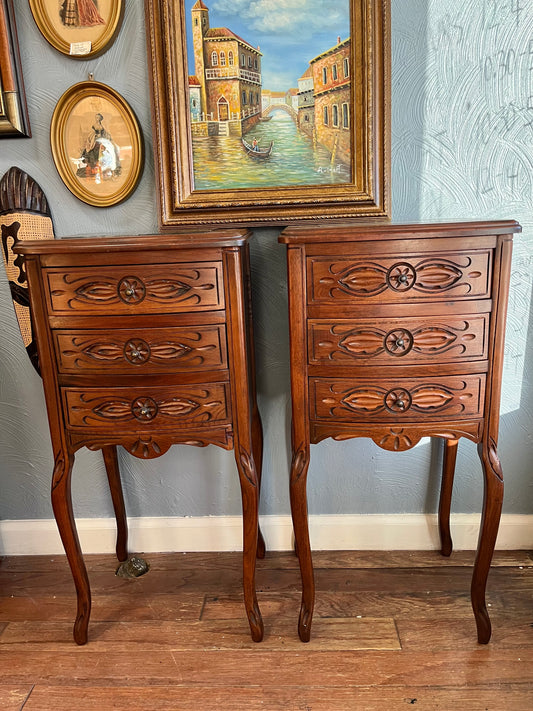 Pair of Vintage Hand Carved French-Style Marble-Top Nightstands / End Tables