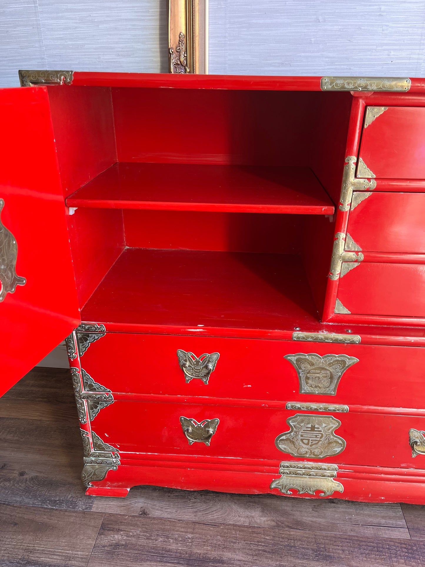 Mid 20th Century Red Lacquer Tansu Chest with Brass Butterfly Pulls