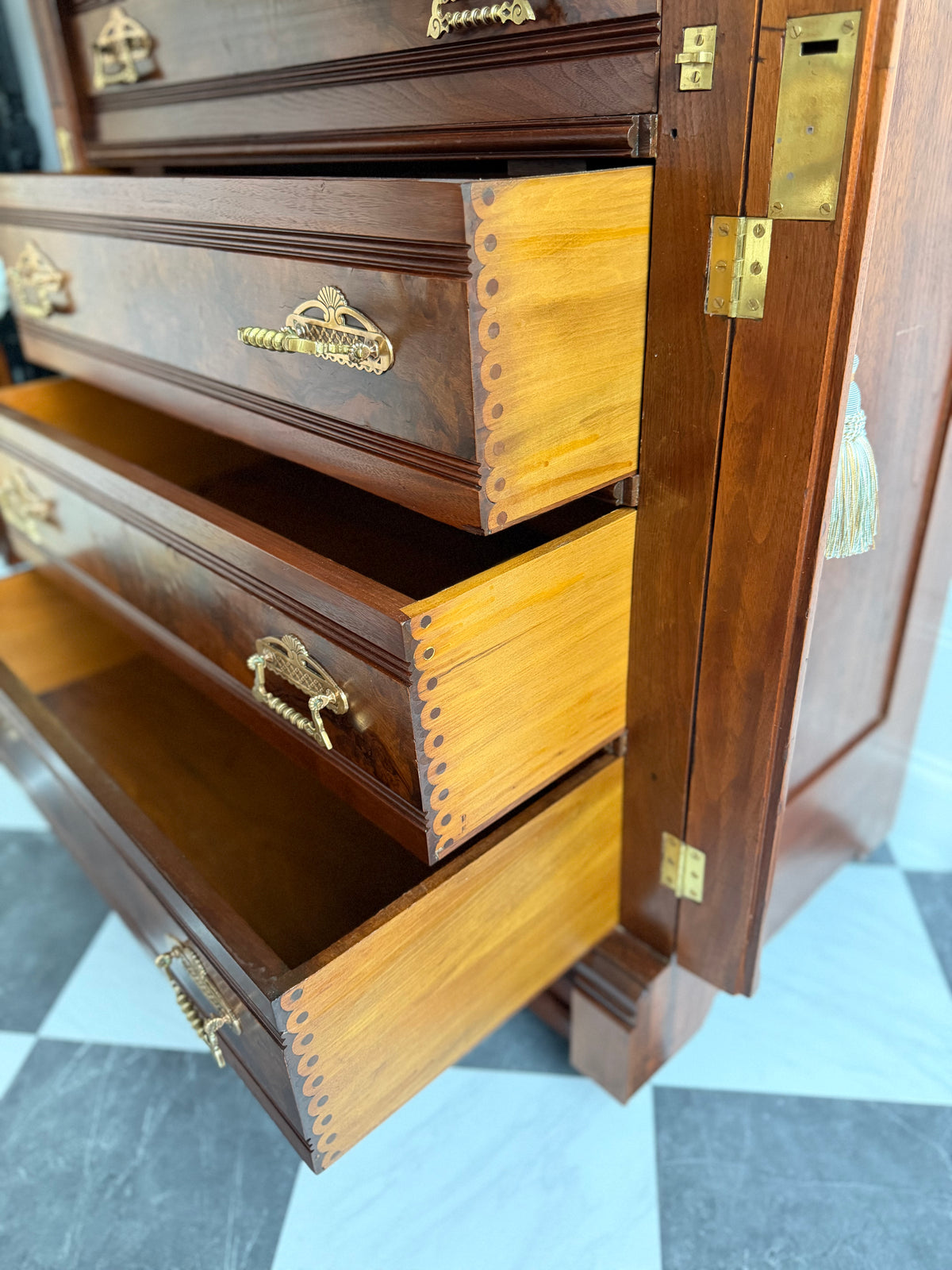Antique 19th Century Eastlake Secretaire Chest | Side-Locking Burl Walnut Chest with Hidden Writing Desk