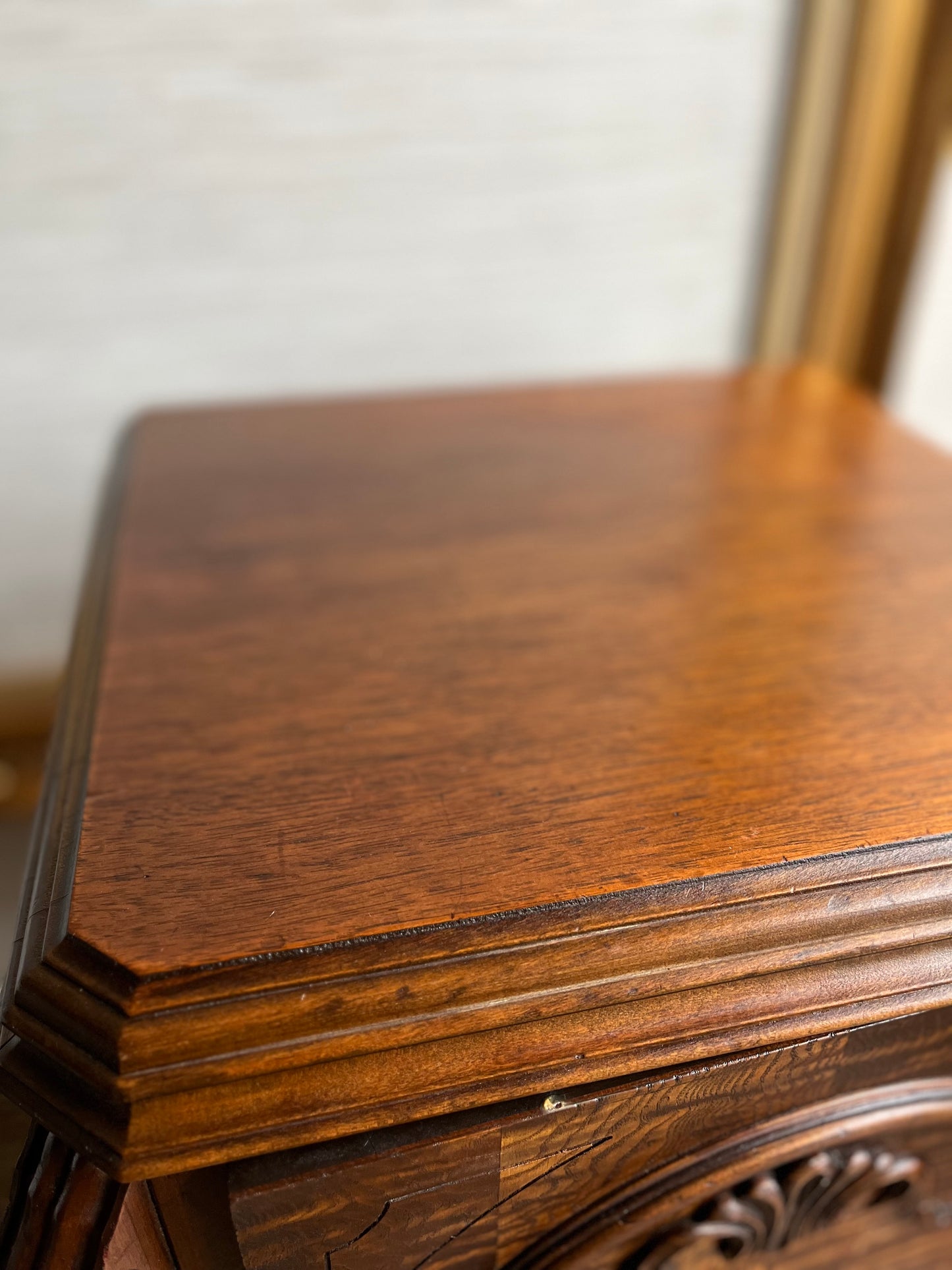 Vintage Tiger Oak Nightstand Cabinet Side Table W/ Ornate Carvings & Bun Feet – 1940s-1950s Solid Wood