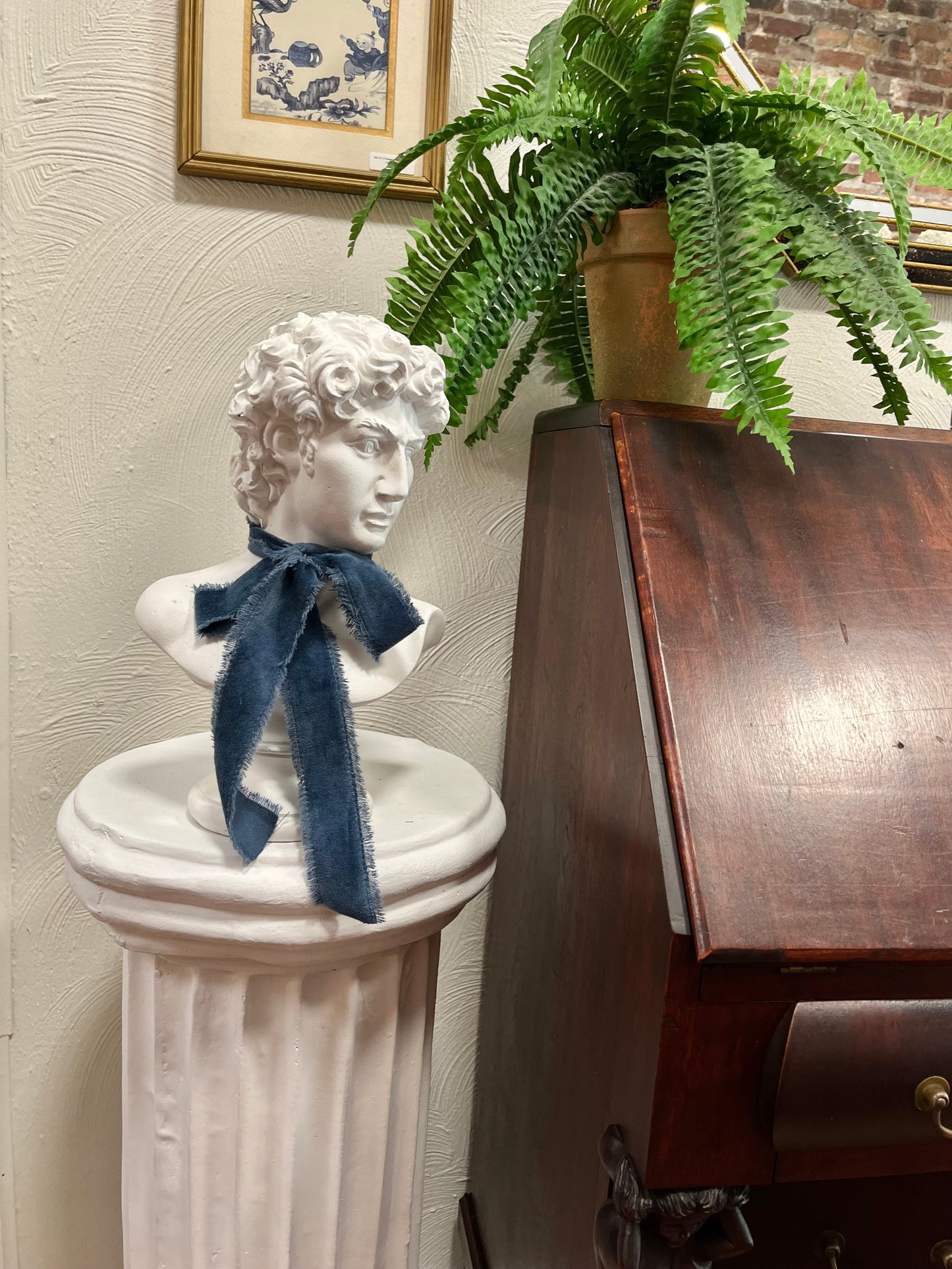 Michelangelo’s David Bust Sculpture with Blue Ribbon Accent