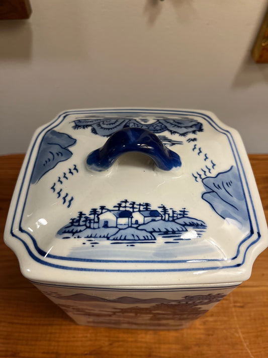 Vintage Chinoiserie Blue and White Ceramic Canister with Lid