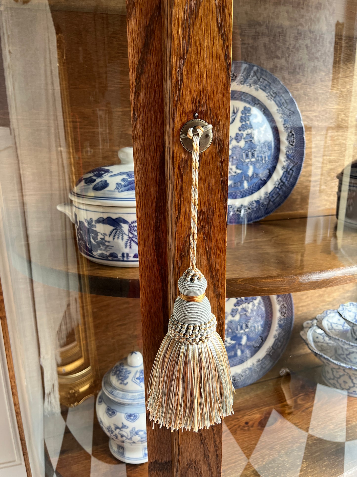 Vintage Oak China Curio Cabinet with Curved Glass & Skeleton Key + Lock | Heirloom Display Showcase