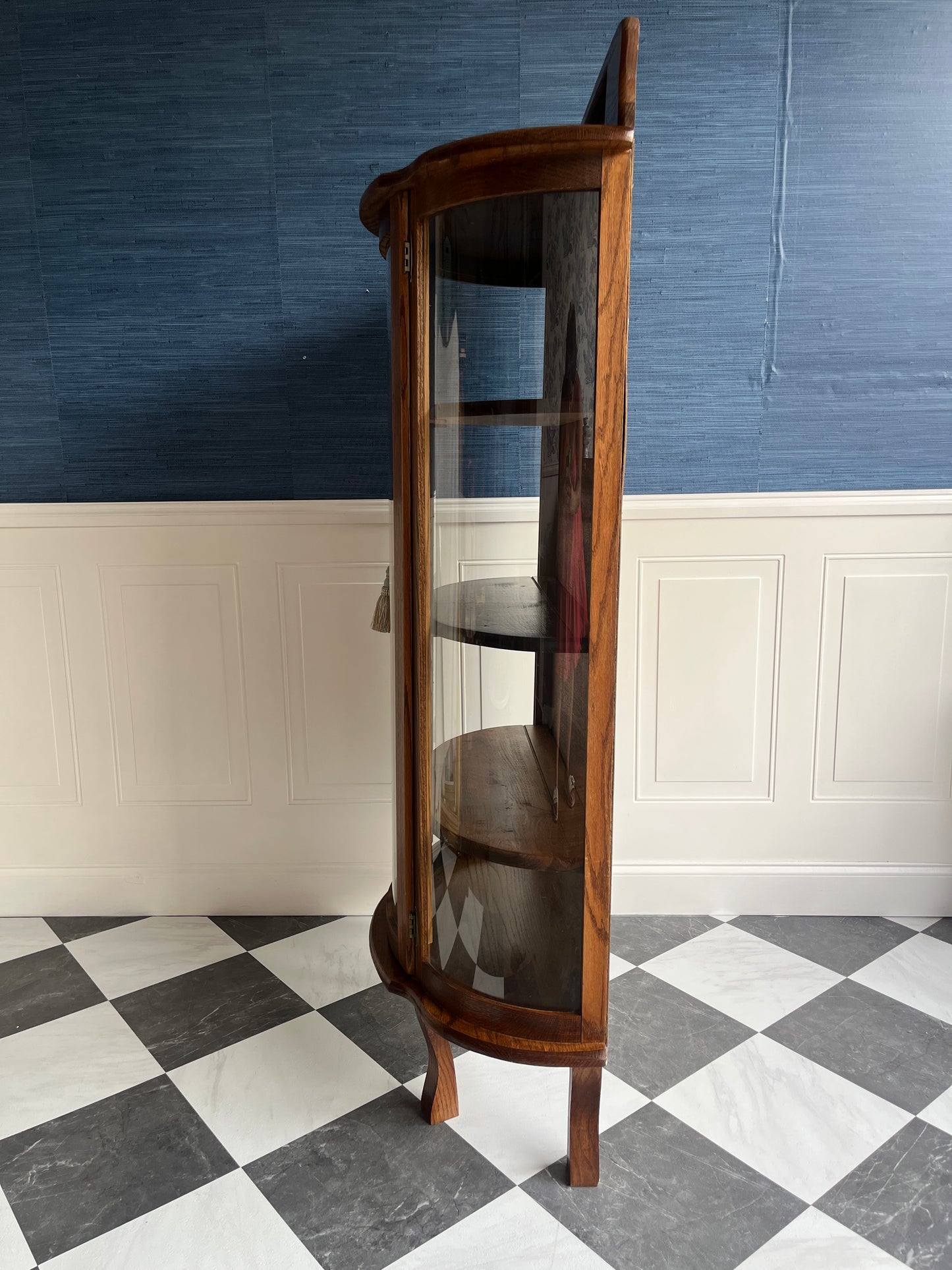 Vintage Oak China Curio Cabinet with Curved Glass & Skeleton Key + Lock | Heirloom Display Showcase