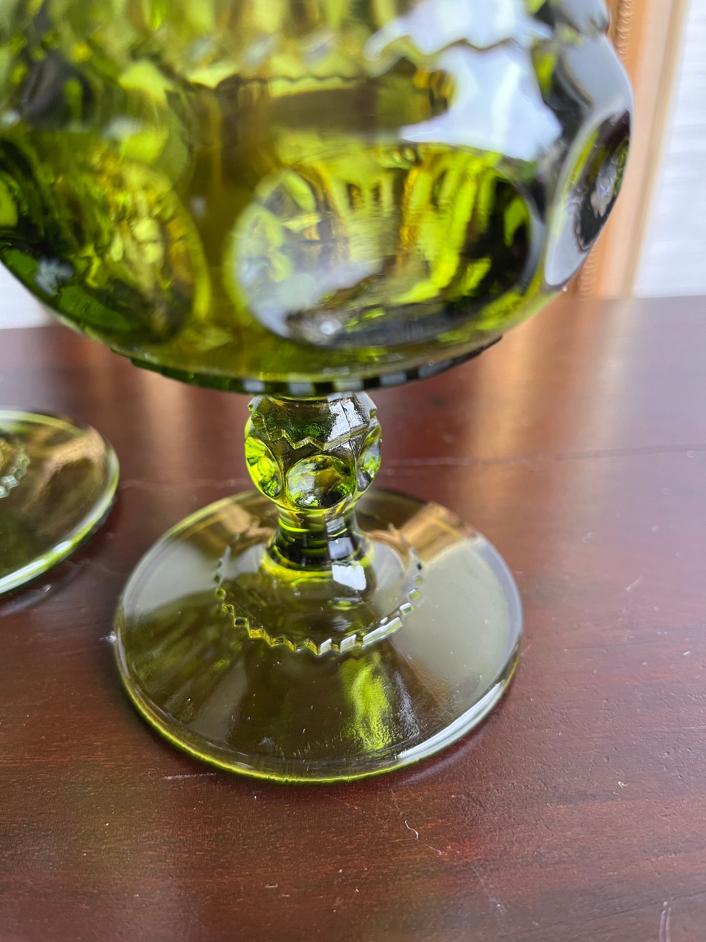 Mid Century Tiffin King's Crown Thumbprint Green Glass Wine Water Goblets Glasses- Set of 4