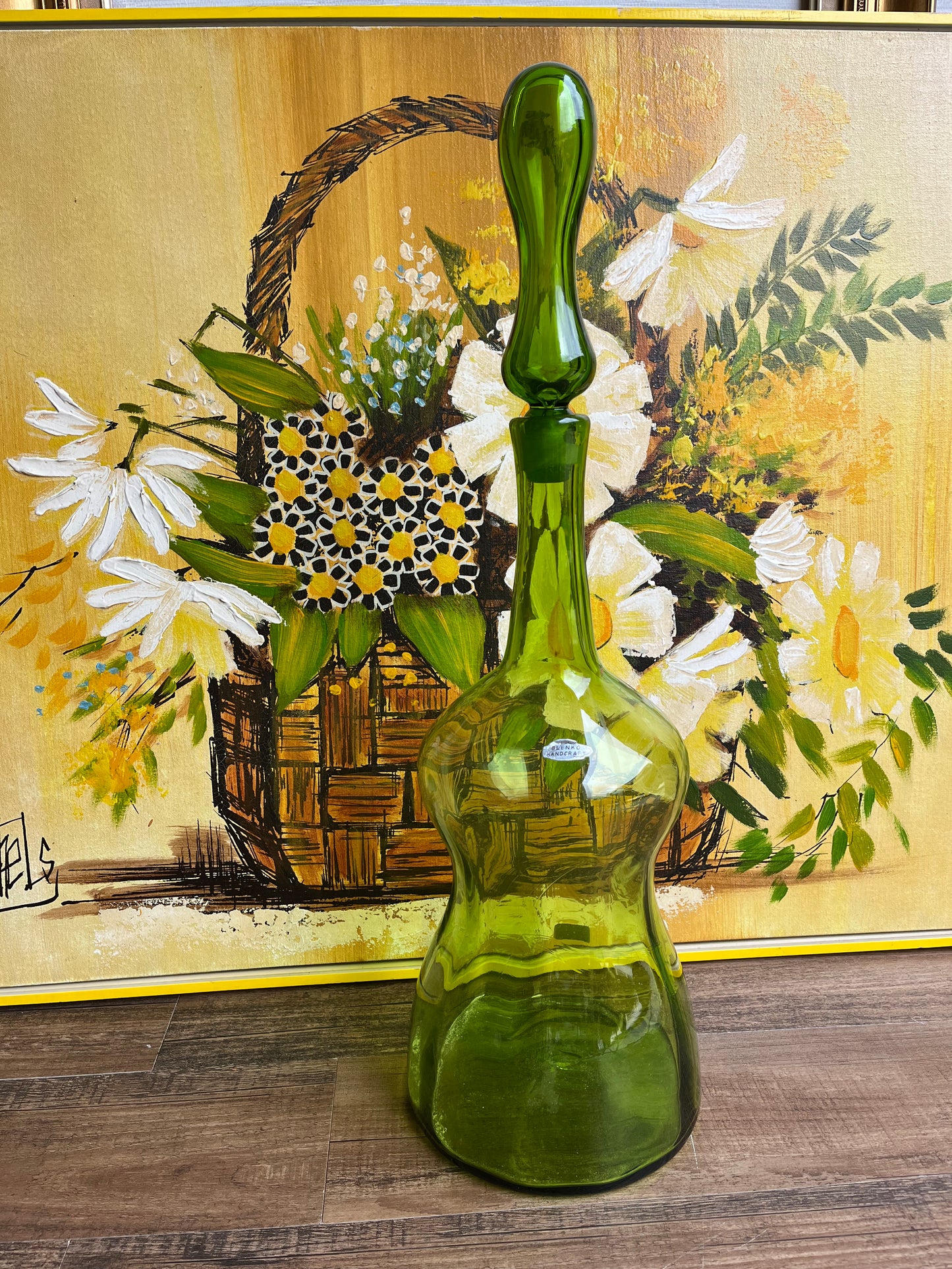 28" Blenko Mid-Century Modern Lime Green Glass Decanter