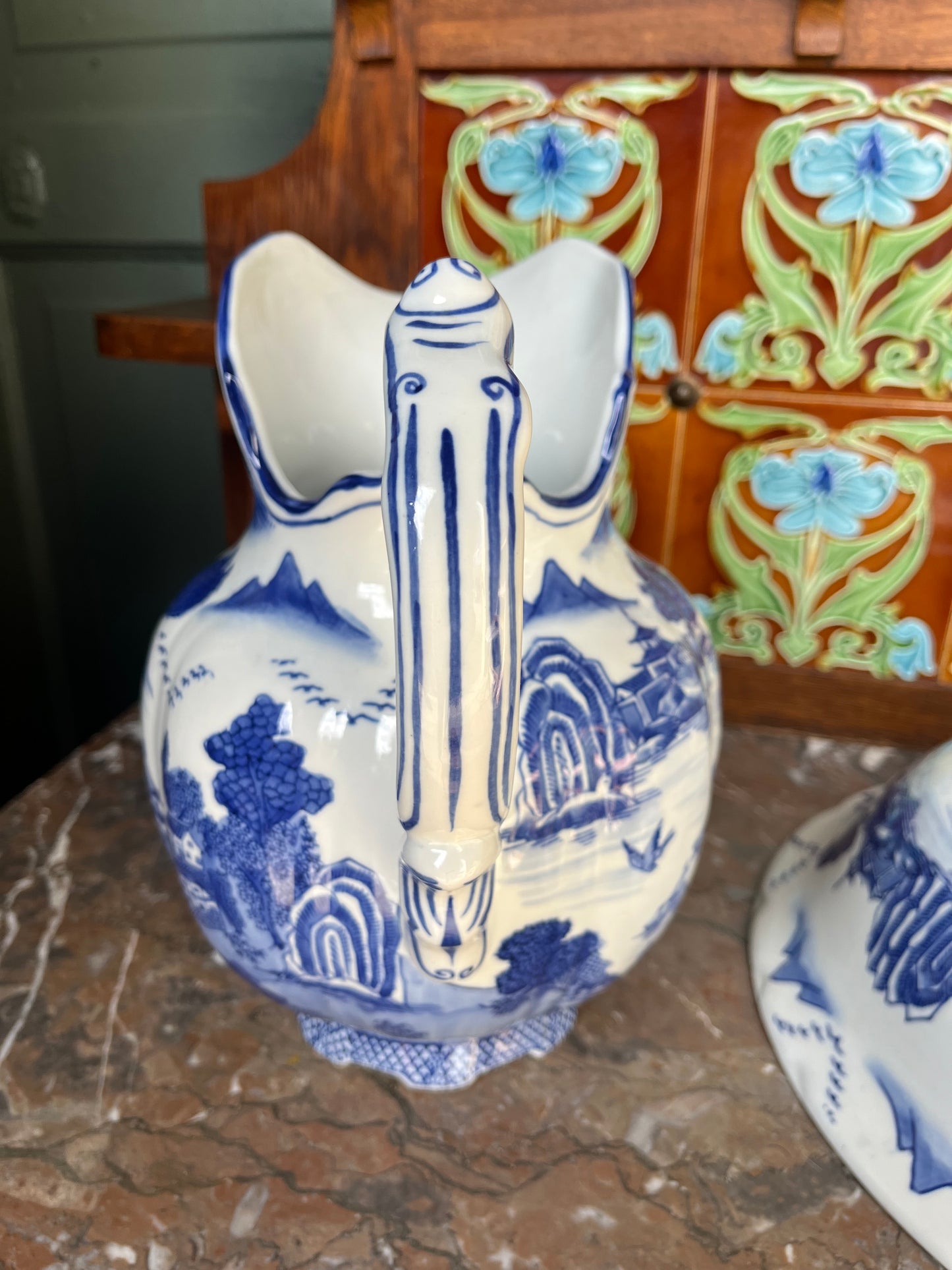 Vintage Blue & White Pitcher Basin Washstand Set