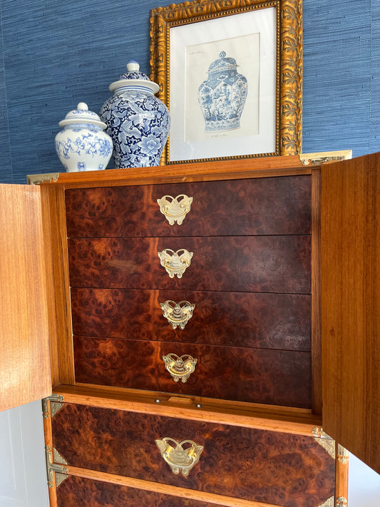 Vintage Korean Tansu-Style Cabinet Lingerie Dresser | Burl Wood & Brass Chest-on-Chest