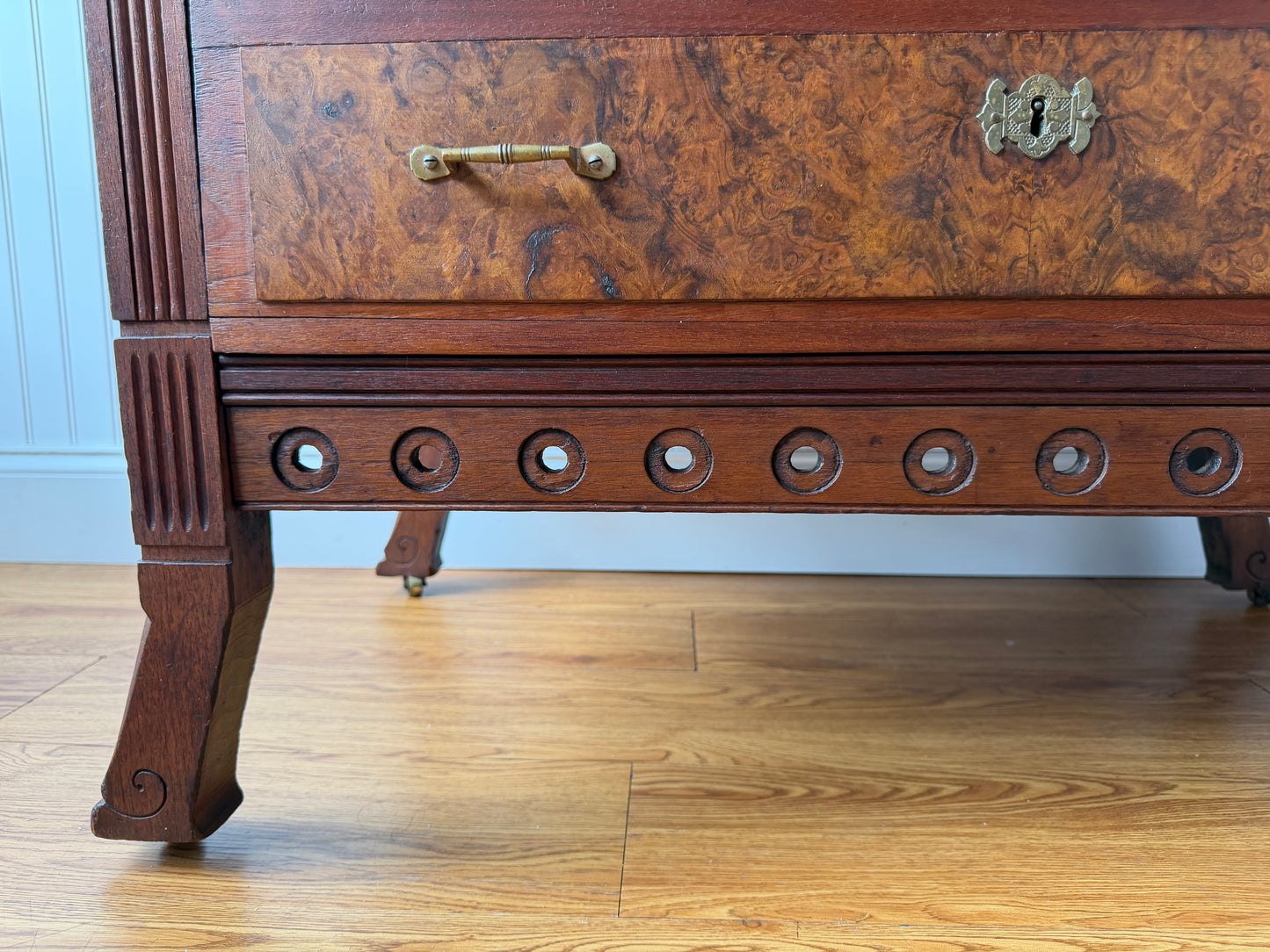 Antique Victorian Burl Walnut Secretary Bookcase, c. 1880s, Drop Front Writing Desk Display Cabinet