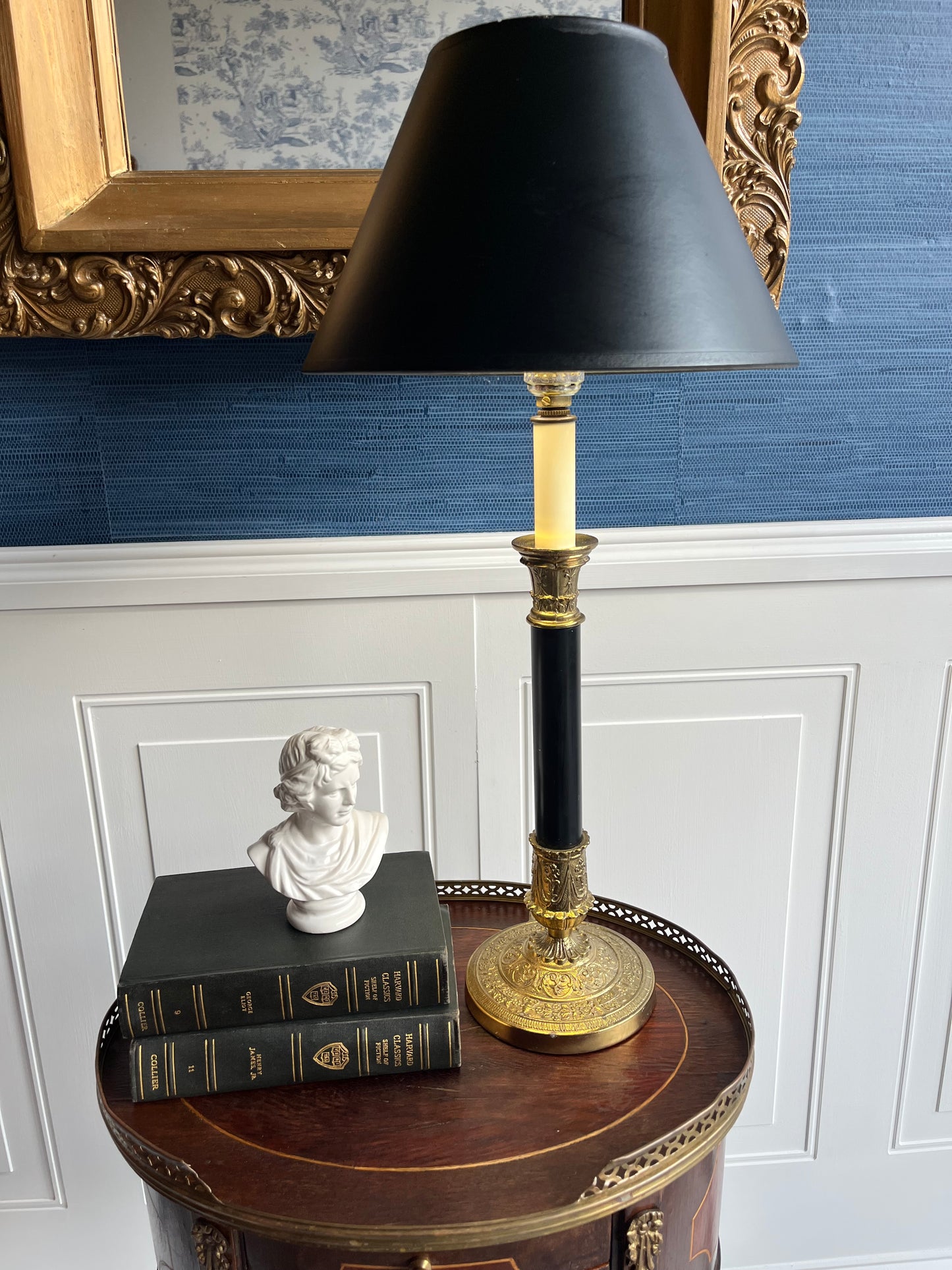 Vintage French Bouillotte-Style Table Lamp – Black Shade & Ornate Neoclassical Base