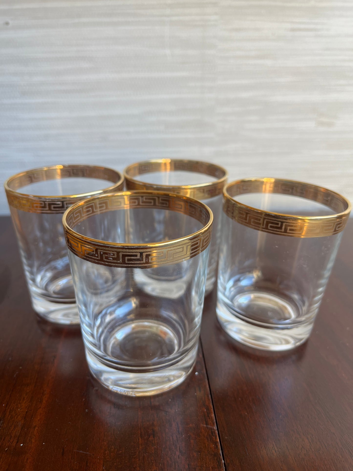 1960s Vintage Cristalleria Fratelli Fumo Greek Key Gold Rim Set of 4  Glasses