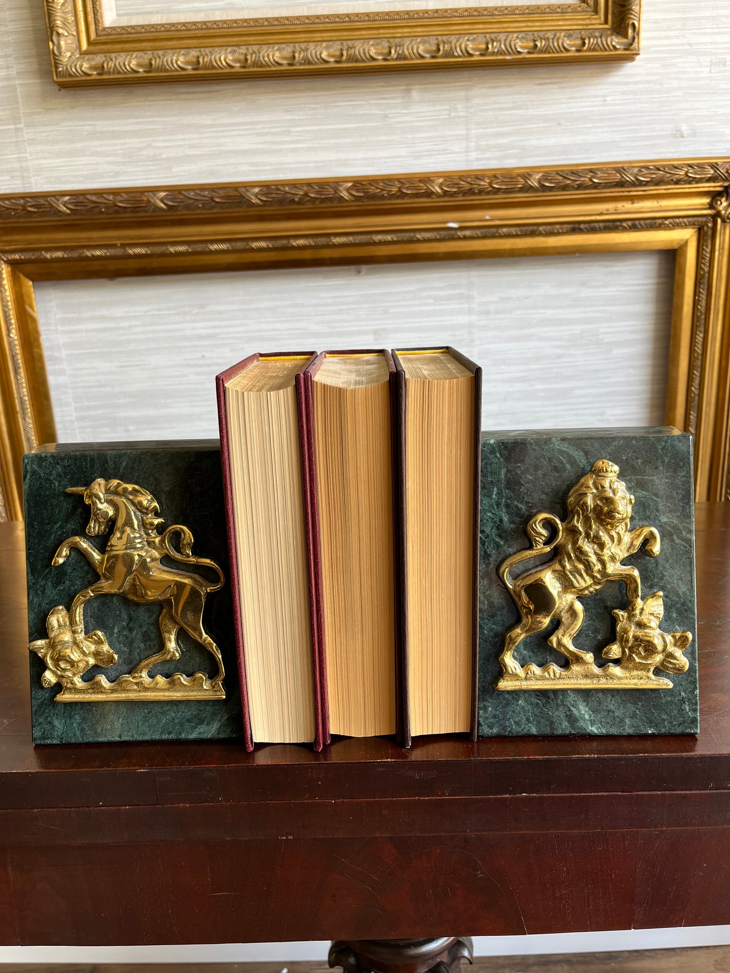 Vintage Trapezoidal Green Marble Book Ends With Brass Unicorn + Lion