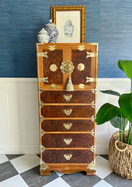 Vintage Korean Tansu-Style Cabinet Lingerie Dresser | Burl Wood & Brass Chest-on-Chest