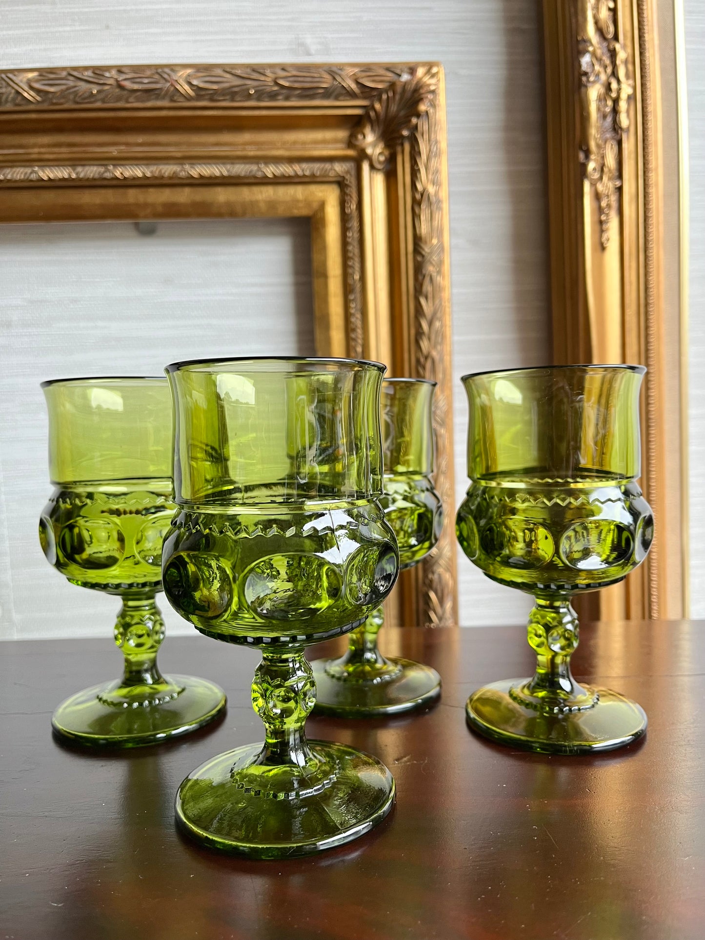 Mid Century Tiffin King's Crown Thumbprint Green Glass Wine Water Goblets Glasses- Set of 4