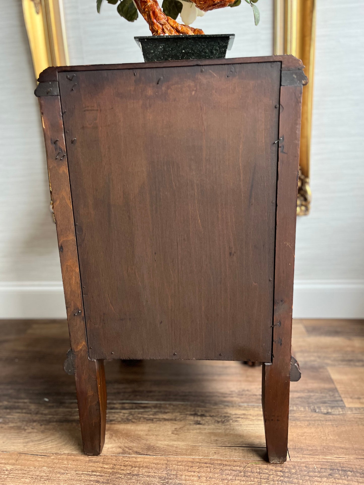 Vintage Tiger Oak Nightstand Cabinet Side Table W/ Ornate Carvings & Bun Feet – 1940s-1950s Solid Wood