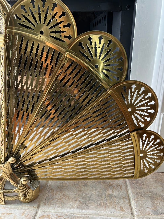 Antique 1930s Brass Folding Fan Fireplace Screen with Classical Figural Motif