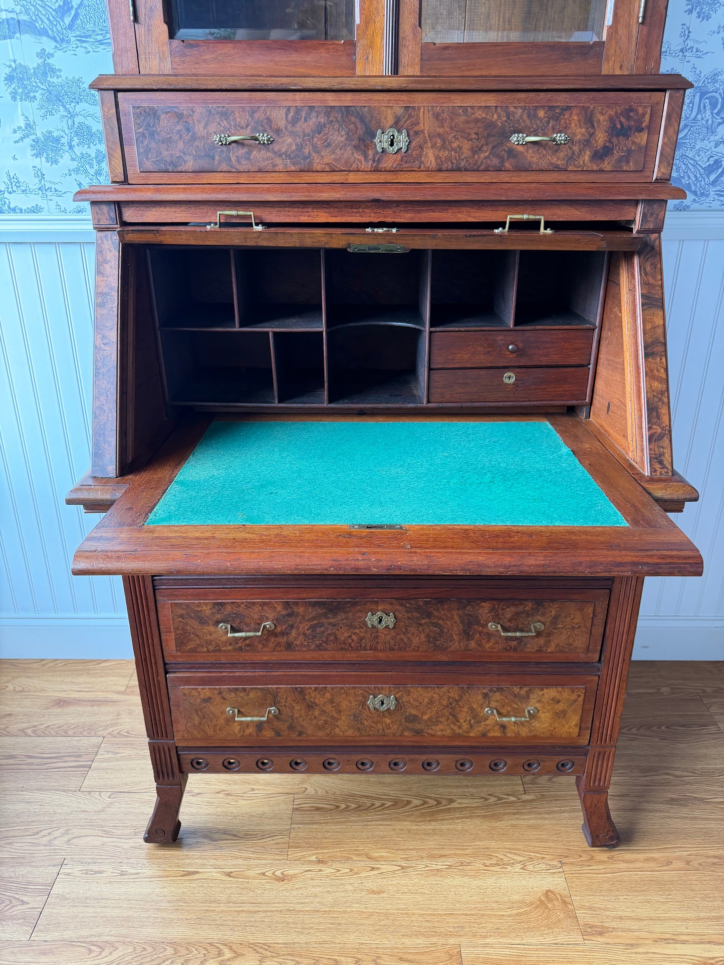 Antique Victorian Burl Walnut Secretary Bookcase, c. 1880s, Drop Front Writing Desk Display Cabinet