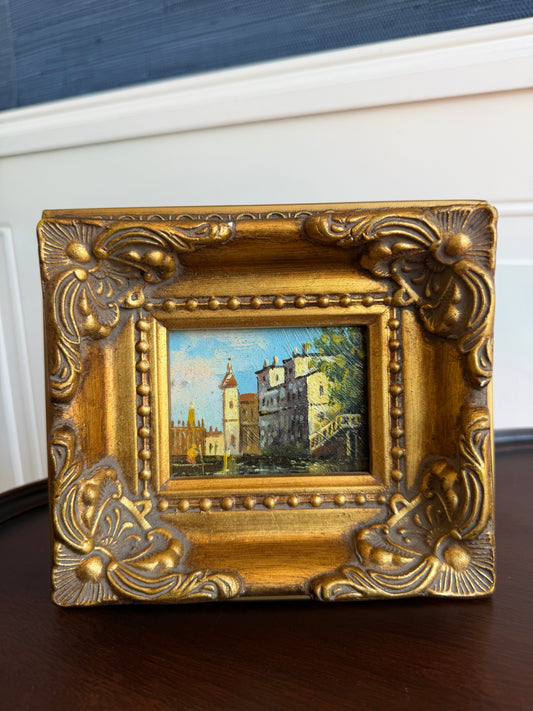 Vintage Miniature Italian Landscape Oil Painting, Ornate Gilt Gesso Frame, Small Original Art, Old World Gallery Wall Decor