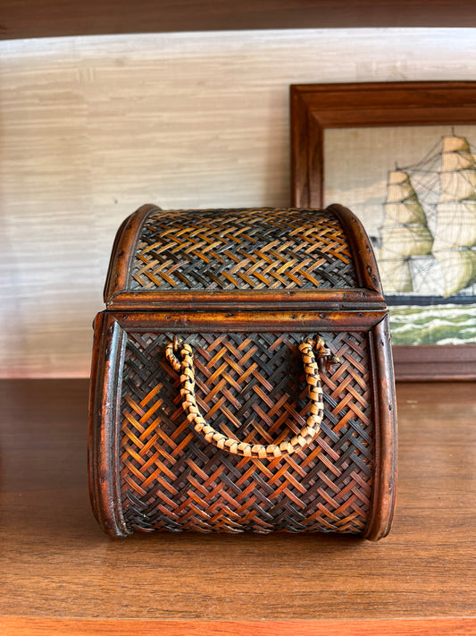 Vintage Hand Woven Rattan Over Wooden Trinket Storage Box